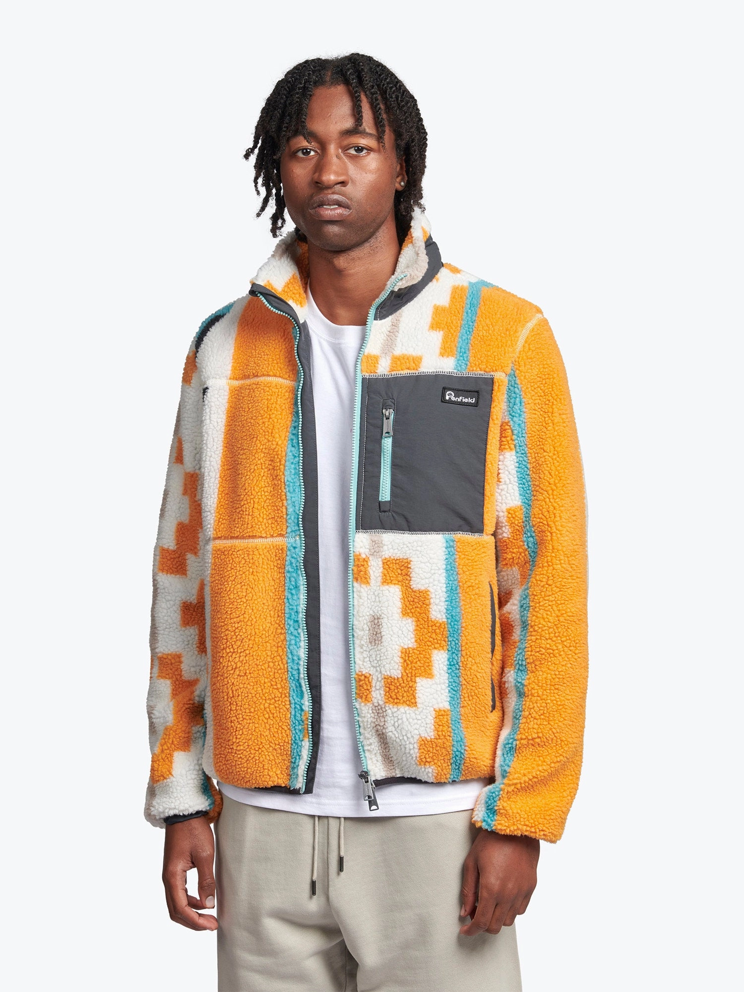 Articulated Elbows Moisture Wicking Finish Geo Print Mattawa Fleece Jacket in Apricot