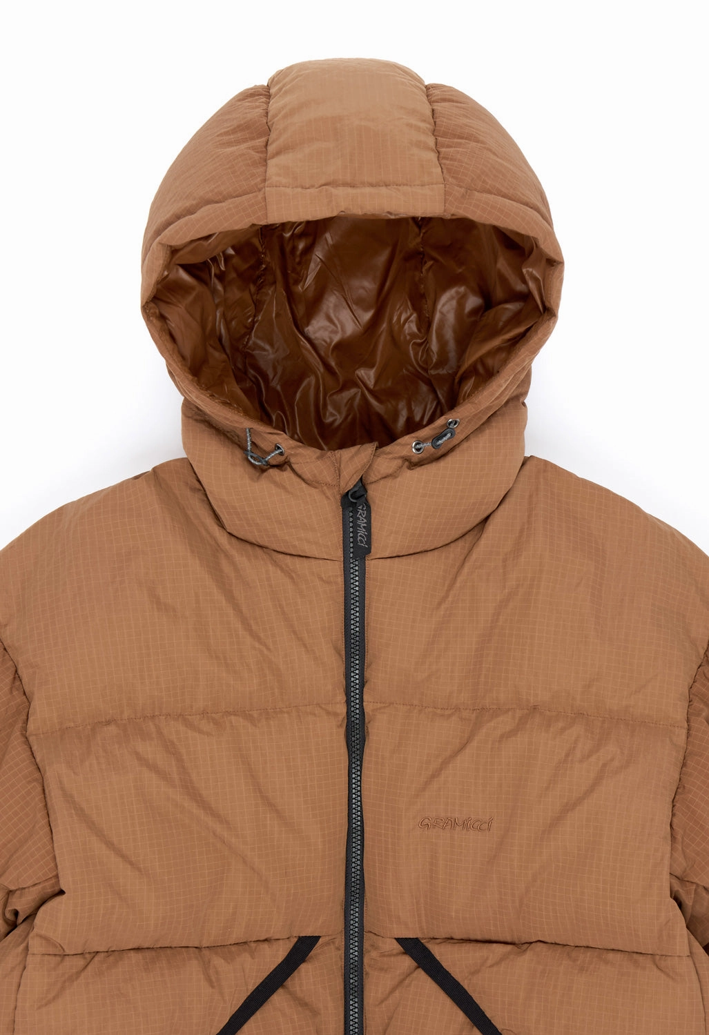 Gramicci Men's Down Puffer Hooded Jacket - Brown Tear Resistant Material Autumn Ready