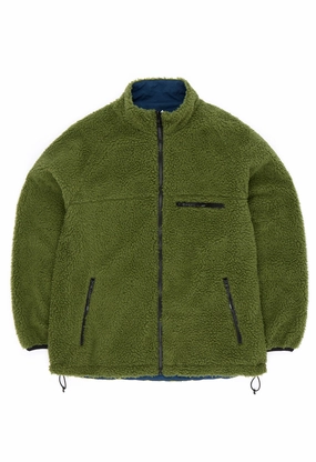 Gramicci Men's Reversible Sherpa Jacket - Olive / Dusty Navy ExpandableSideGussets Chill Day Layer