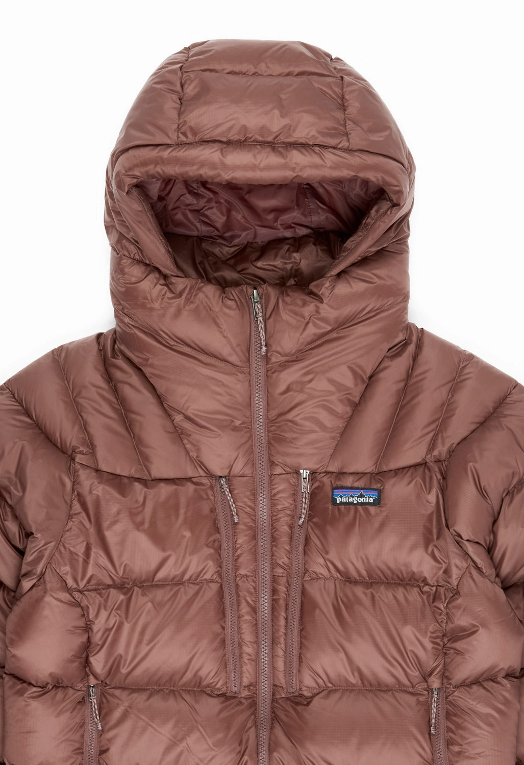 Patagonia Women's Fitz Roy Down Hoody - Dulse Mauve Ripstop Reinforcement Flexible Shoulder Gussets