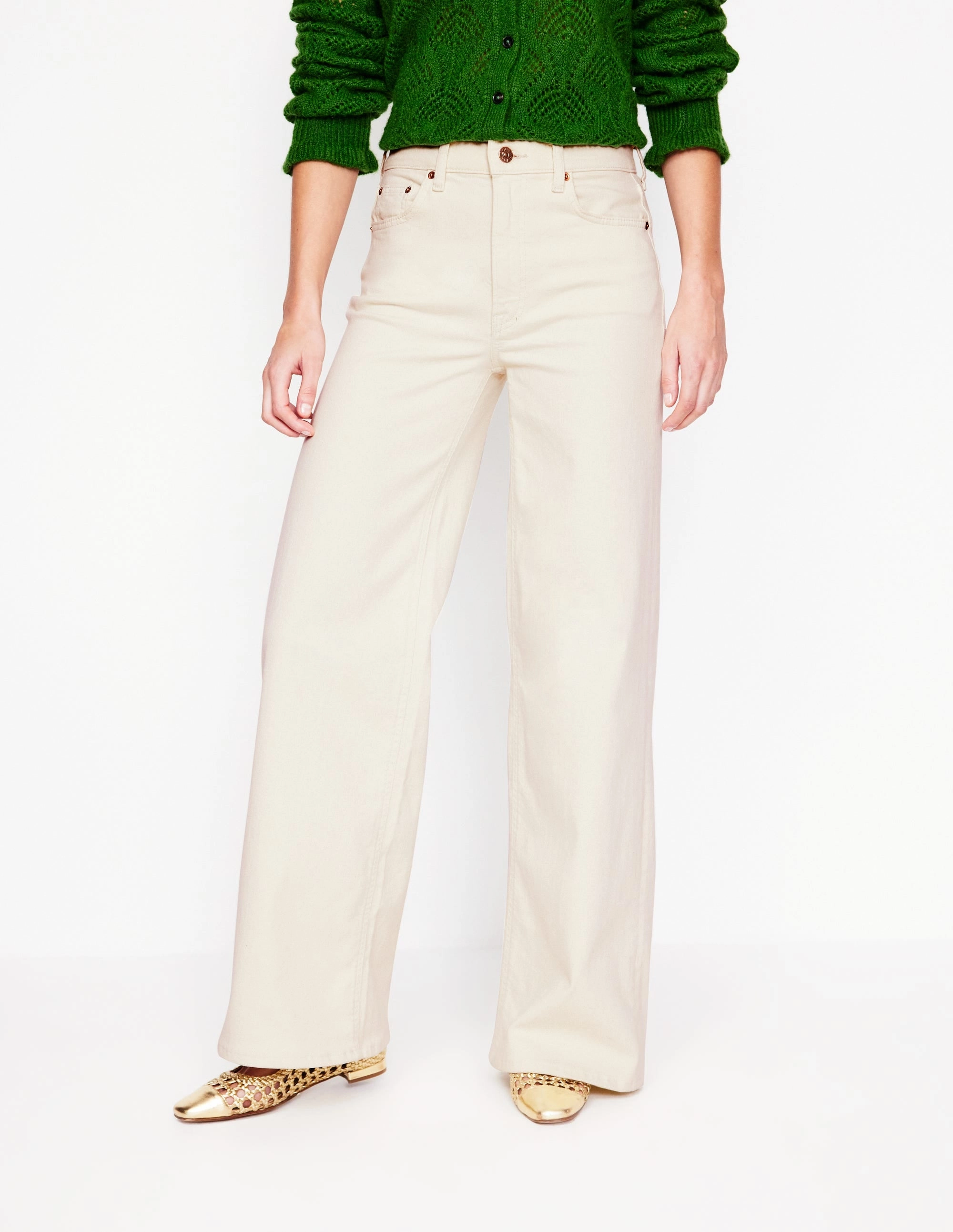 High Rise Wide Leg Jeans-Ecru Body-Hugging Fit