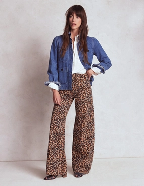 High Rise Wide Leg Jeans-Leopard Print SecureZipperClosures