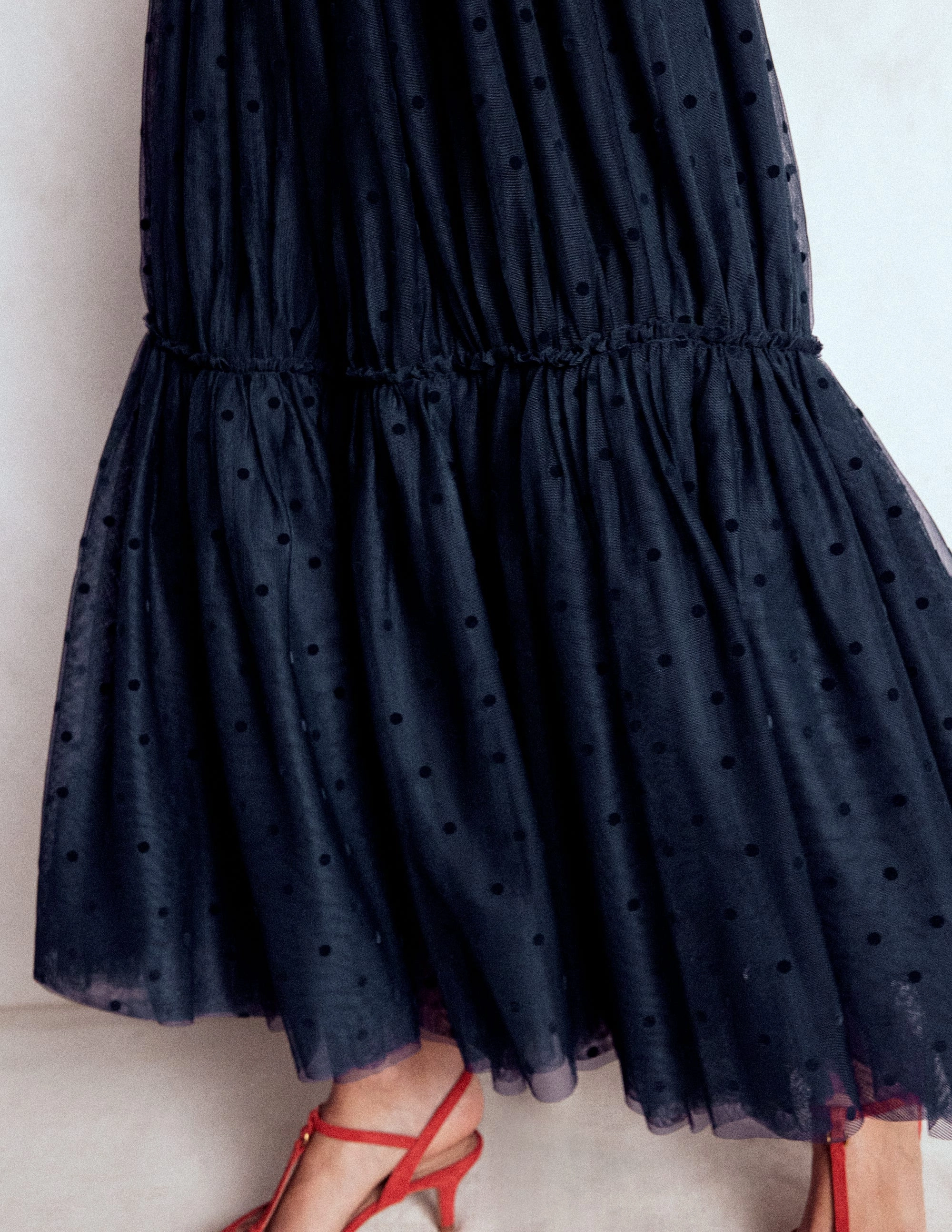 Anna Tulle Midi Skirt-Navy Flocked Spot Outfit Ideas