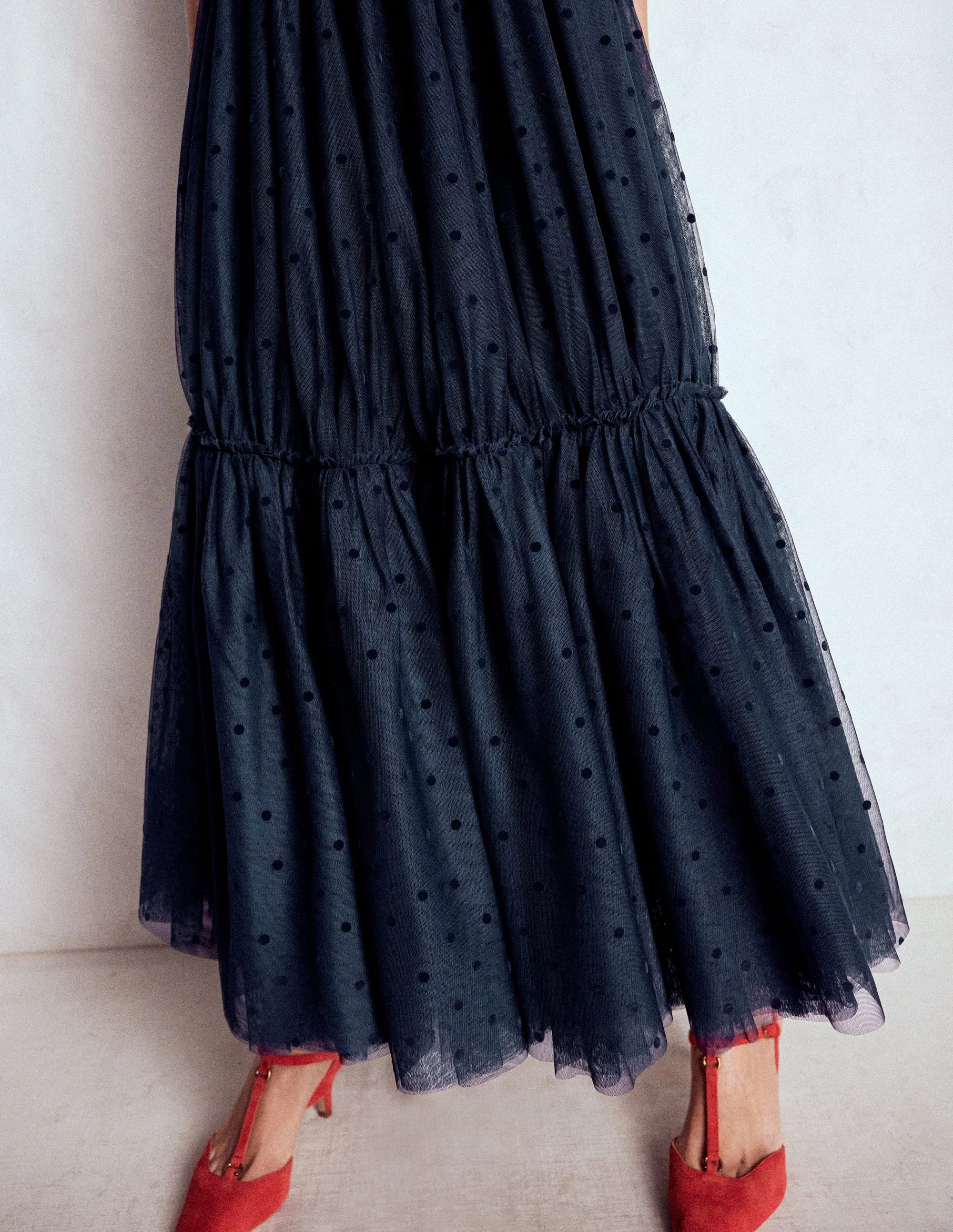 A Line Silhouette Anna Tulle Midi Skirt-Navy Flocked Spot