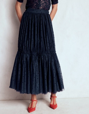 Anna Tulle Midi Skirt-Navy Flocked Spot Minimalist Trim Adjustable drawstring