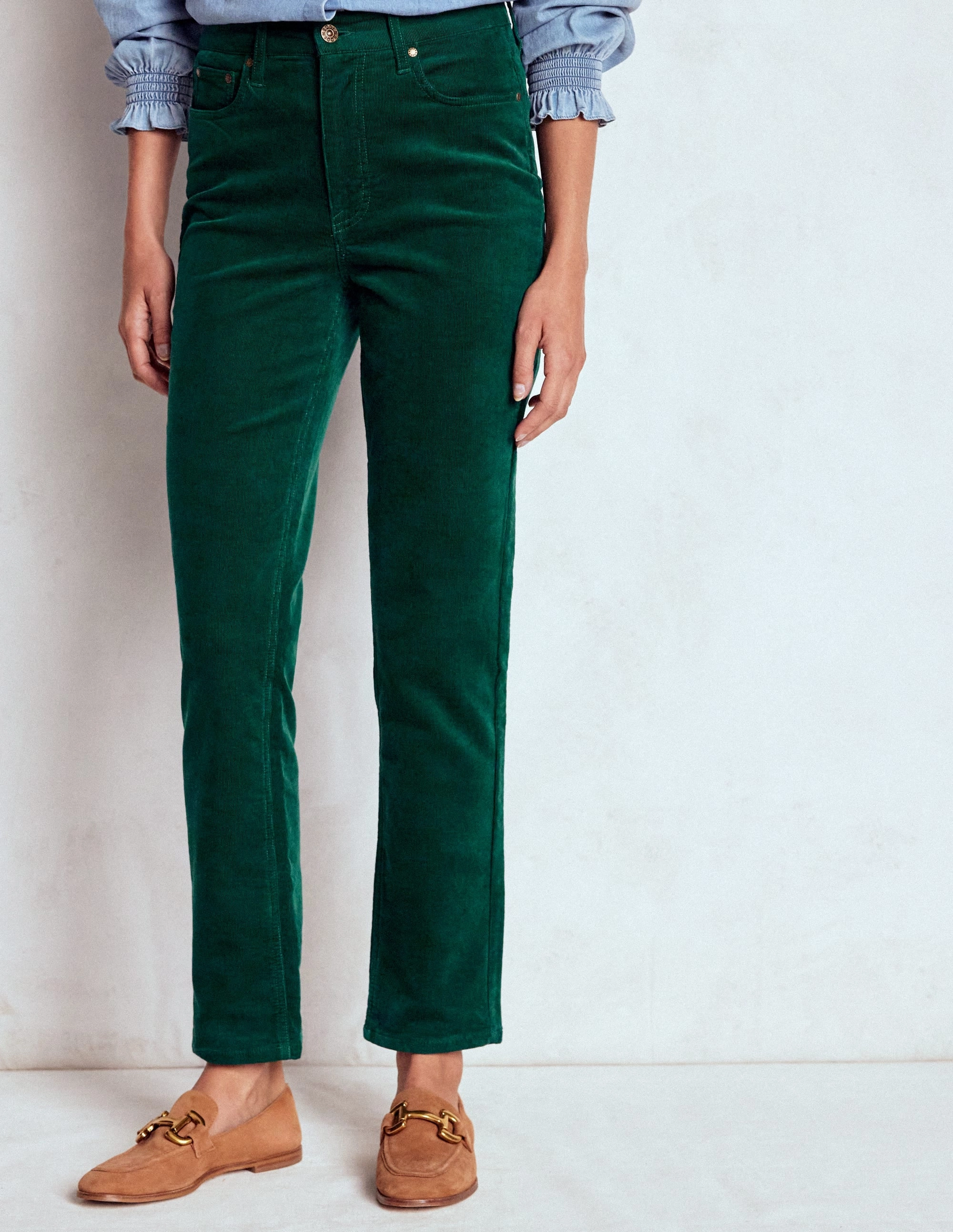 High-Waisted Cord Slim Jeans-Green Trendy Cut Softened Hem