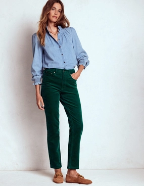 High-Waisted Cord Slim Jeans-Green Curved Waistline