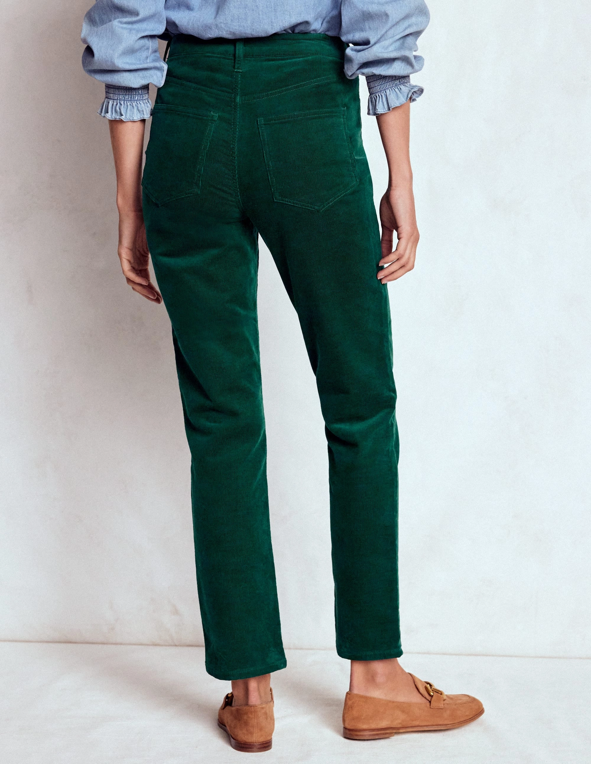 Double Layered Hem High-Waisted Cord Slim Jeans-Green