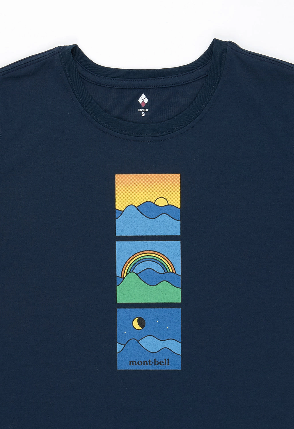 Fun and Comfortable Bright and Bold Montbell Women's Wickron Sunrise Moon and Rainbow T-Shirt - Navy