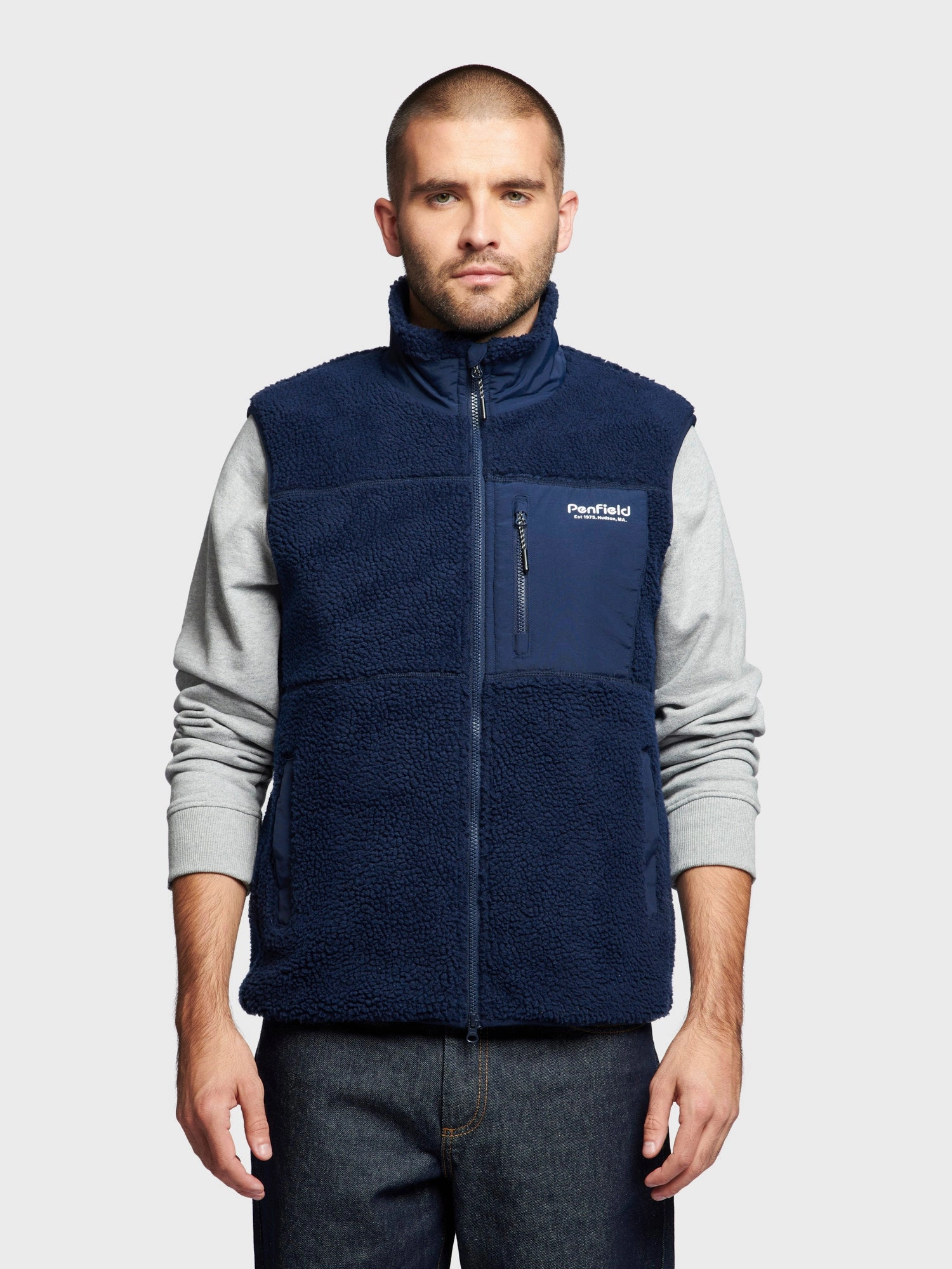 Four Way Stretch Material Hudson Script Fleece Vest in Navy Blue