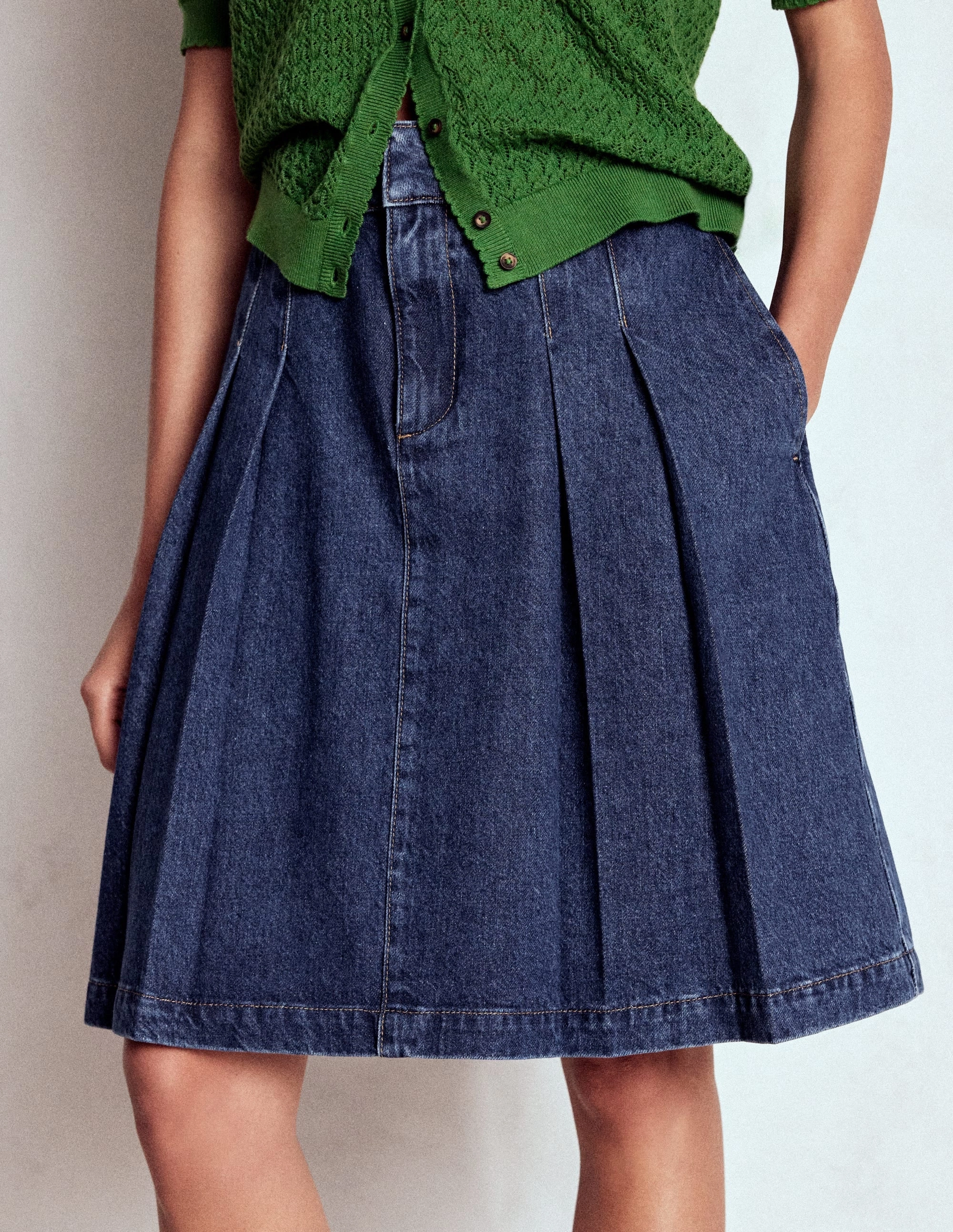 Pleated Denim Skirt-Mid Wash A Line Cut color block