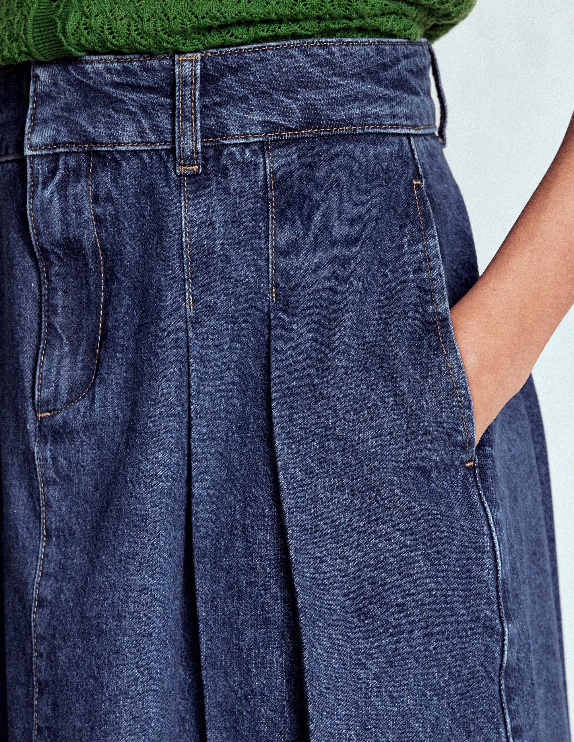 Pleated Denim Skirt-Mid Wash Non Restrictive Fit Knee Length