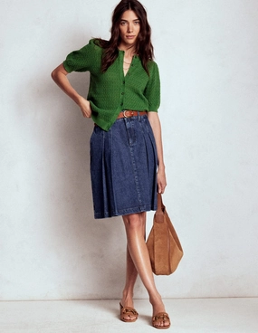 Simple Comfort Pleated Denim Skirt-Mid Wash