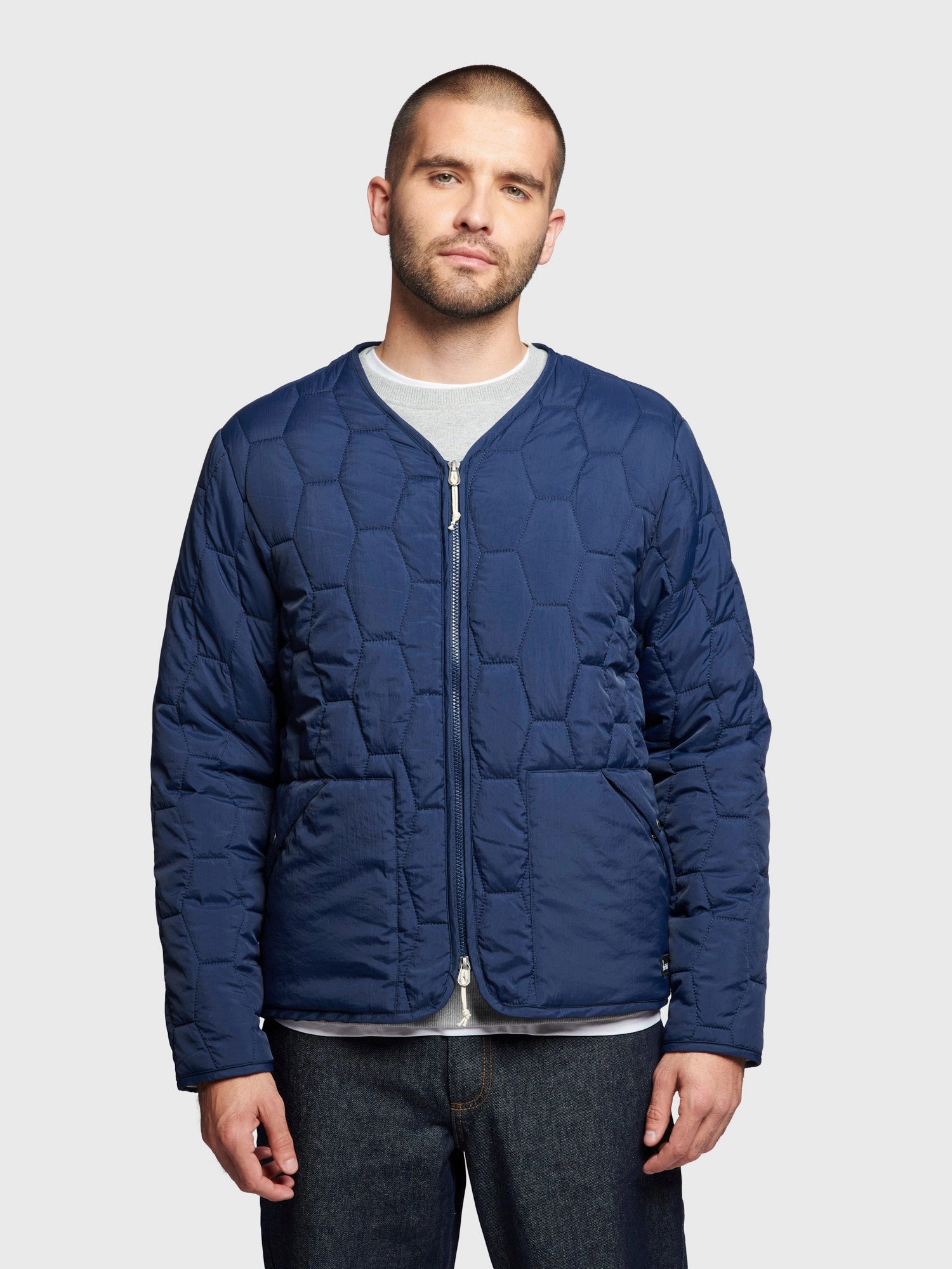 Classic Cut Hexagon Quilt Liner Jacket in Navy Blue
