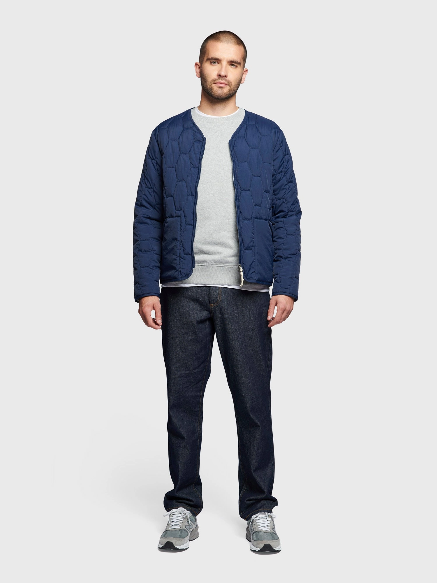 Hexagon Quilt Liner Jacket in Navy Blue Adjustable hood design Thermal Regulation System