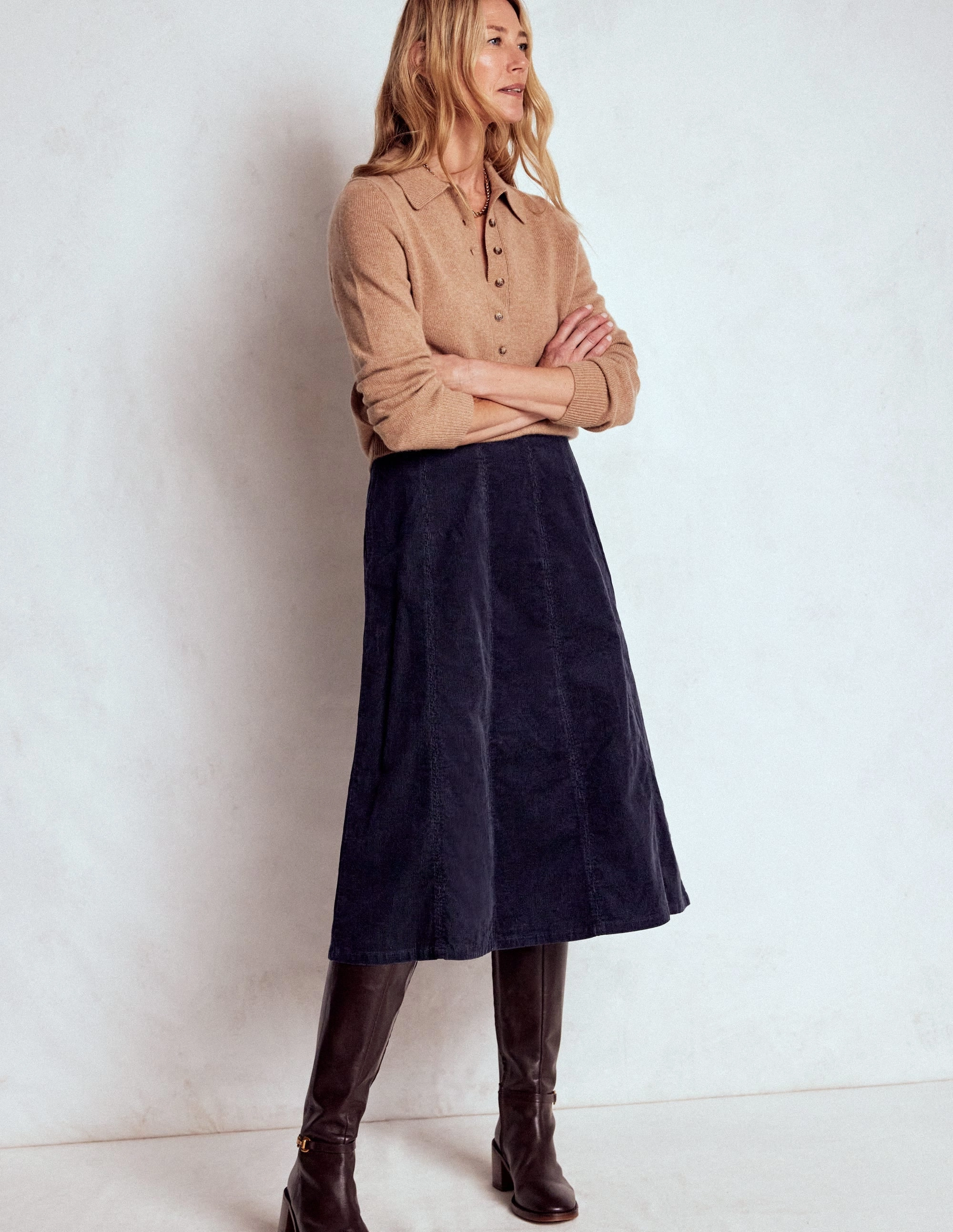 City Style Designer Inspired Joy Cord Midi Skirt-Navy