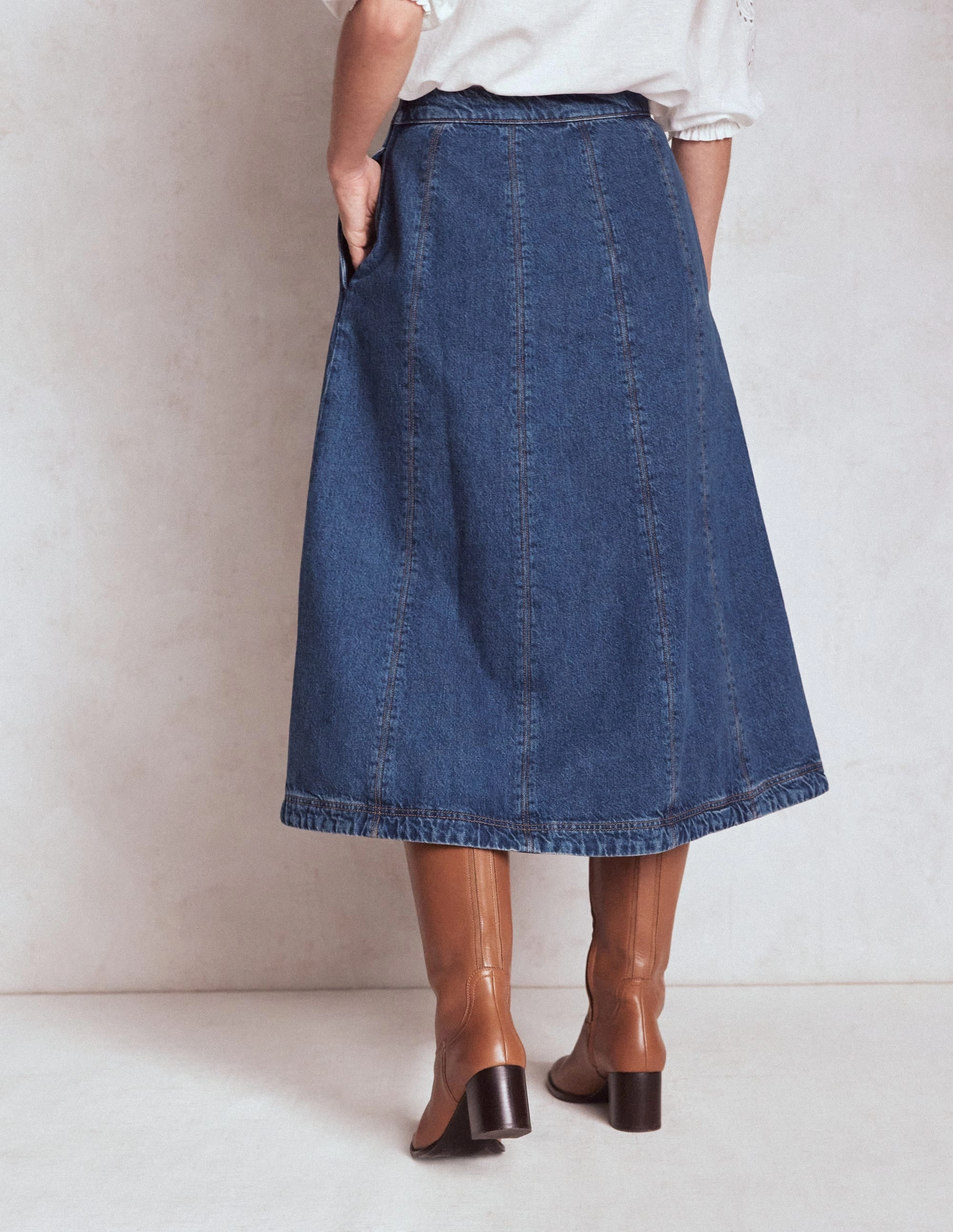Joy Panelled Denim Skirt-Mid Wash hypoallergenic material Asymmetrical Cut