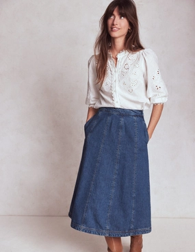 Joy Panelled Denim Skirt-Mid Wash Light Flow