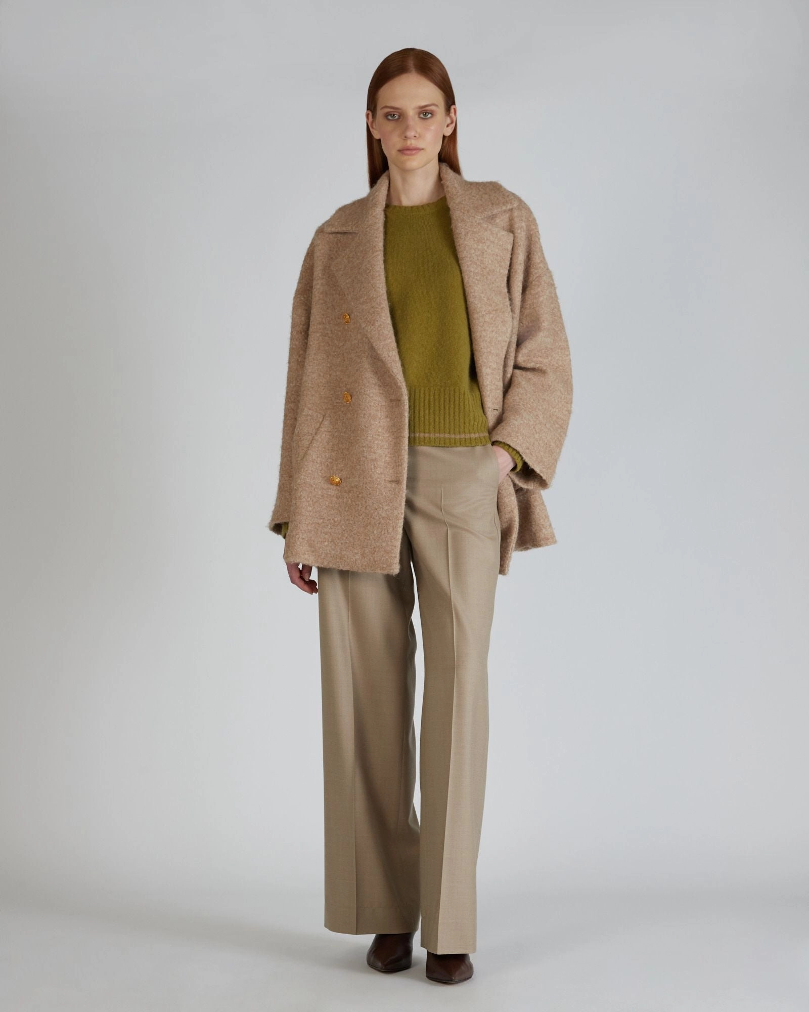 Wide fit wool boucl?? peacoat Stretch Weave Fabric Light Reflectivity Trim