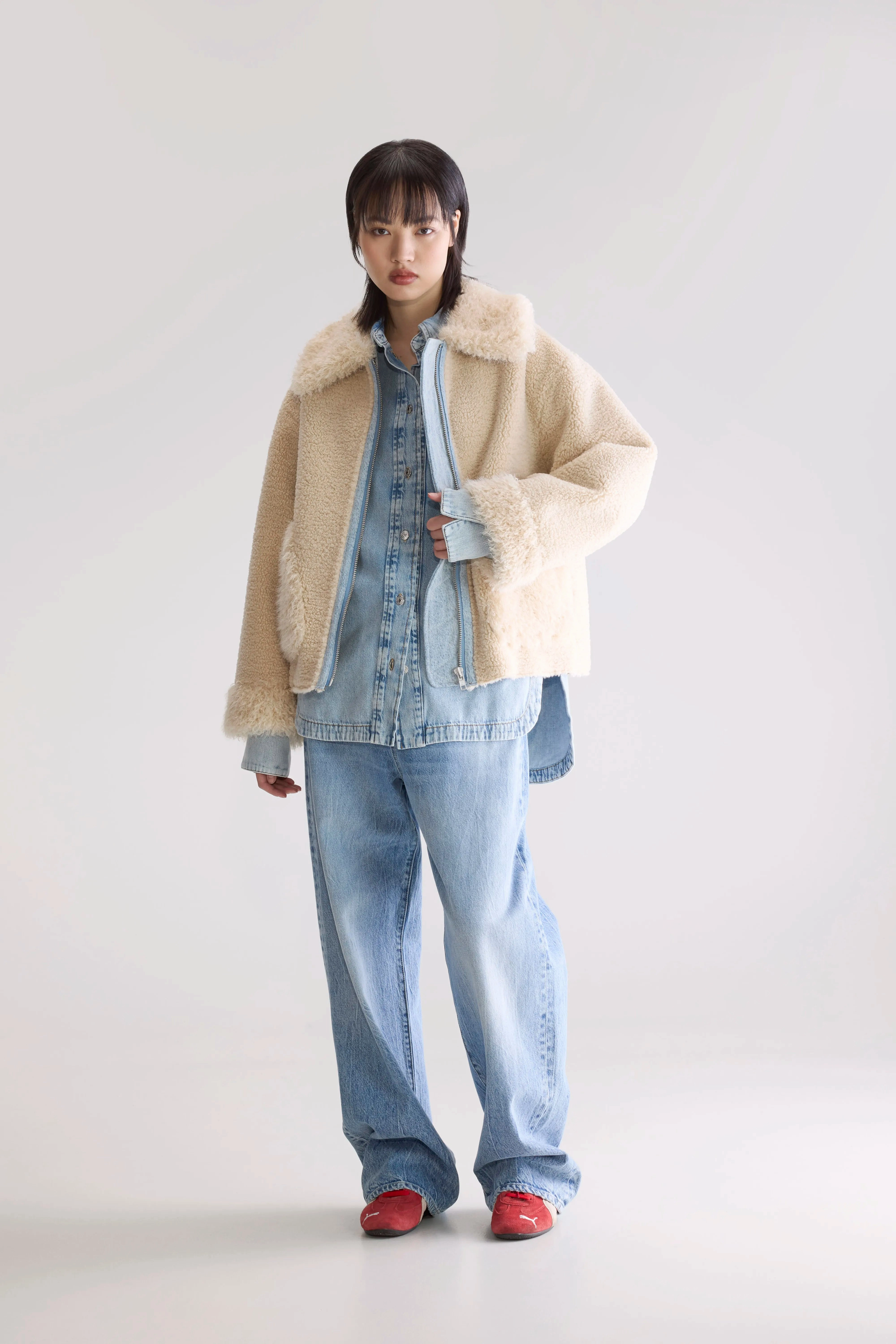 Aramid Fiber Blend Notch Lapel Jakarta faux fur and shearling jacket (252 / W / MINERAL)
