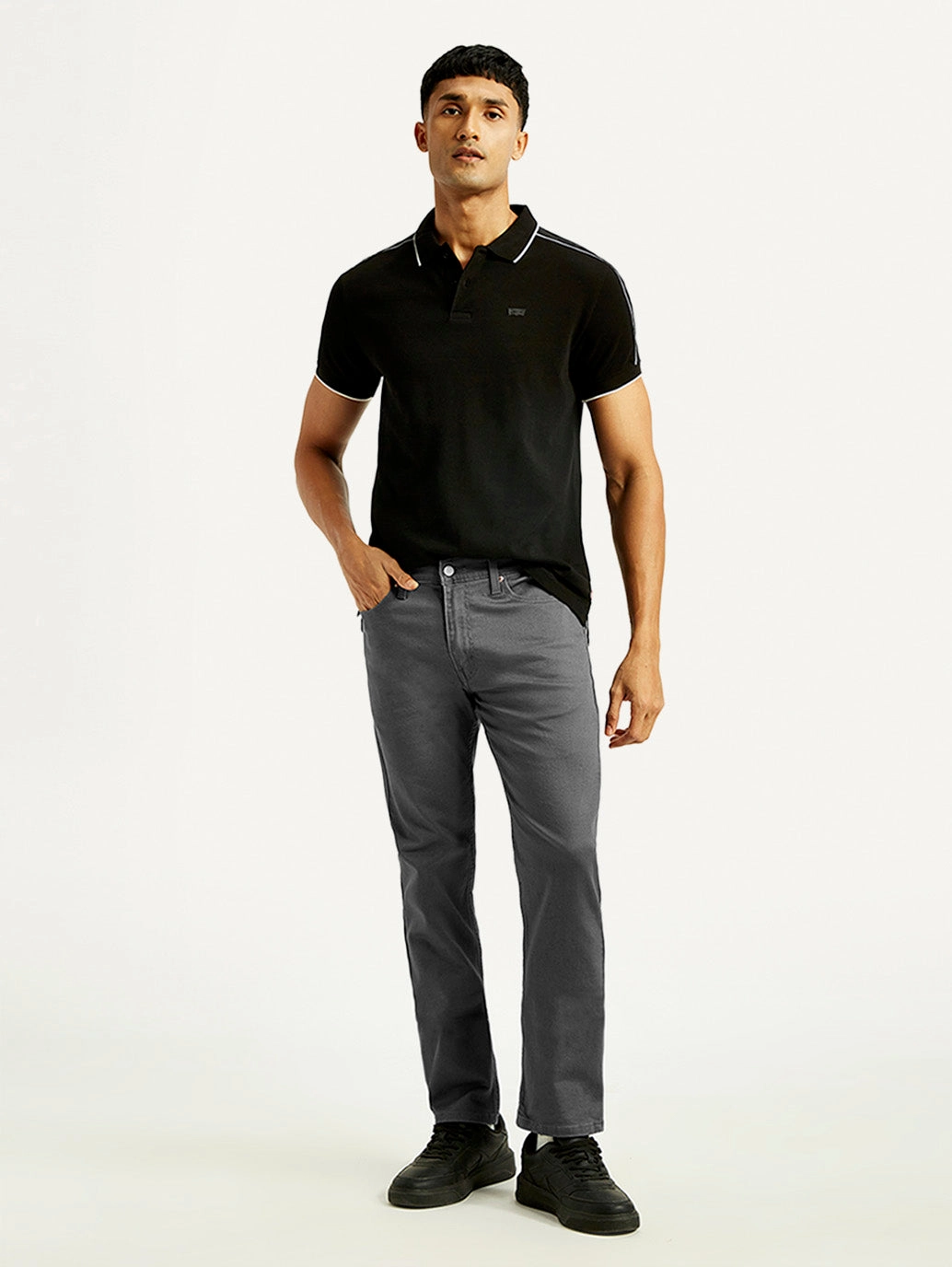 Men's 511 Charcoal Grey Overdyed Slim Fit Mid Rise Jeans Raw Hem Design Garment Dyed Technique