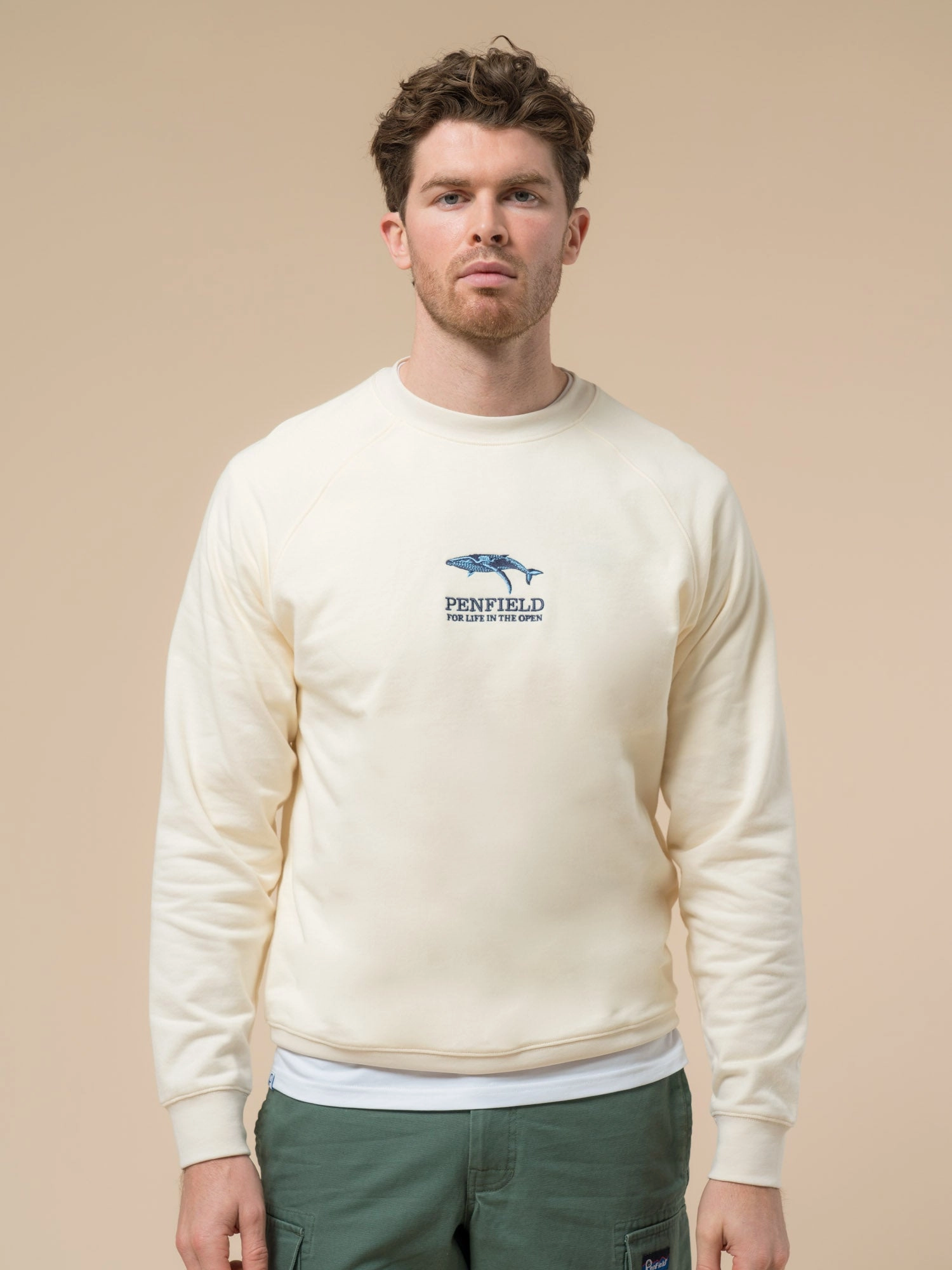 Layer Fit Penfield Mens Embroidered Retro Whale Sweatshirt in Vanilla Ice