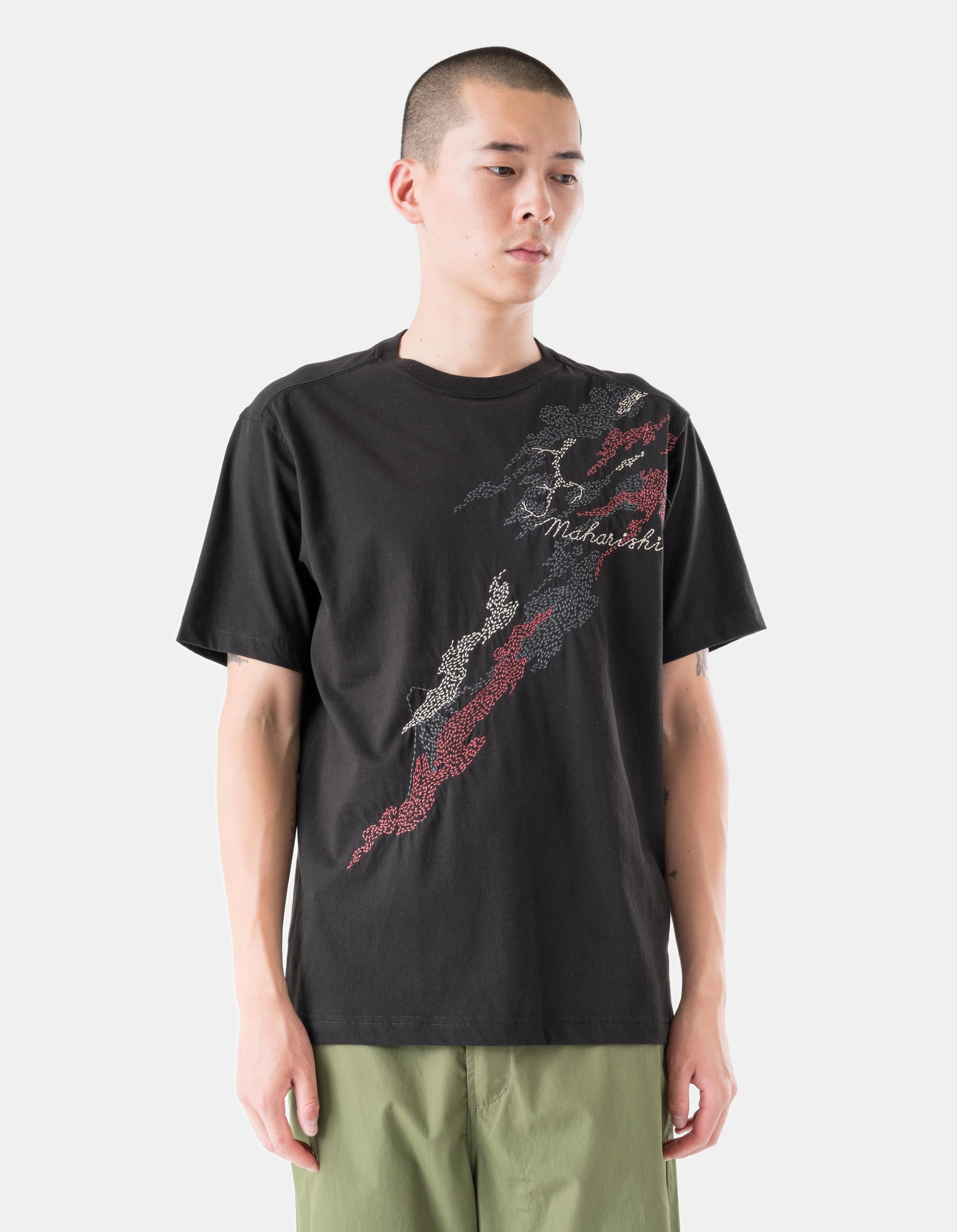 6217 Sashiko Bonsai S/S T-Shirt Black Placket Detailing