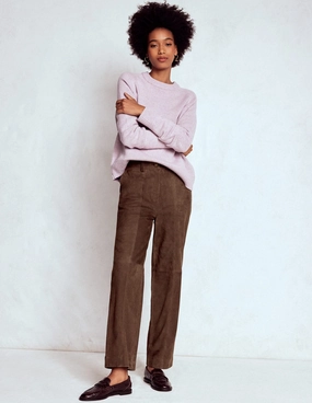 QuickReleaseFastenings LowProfileStitching Suede Straight Leg Trousers-Dark Chocolate