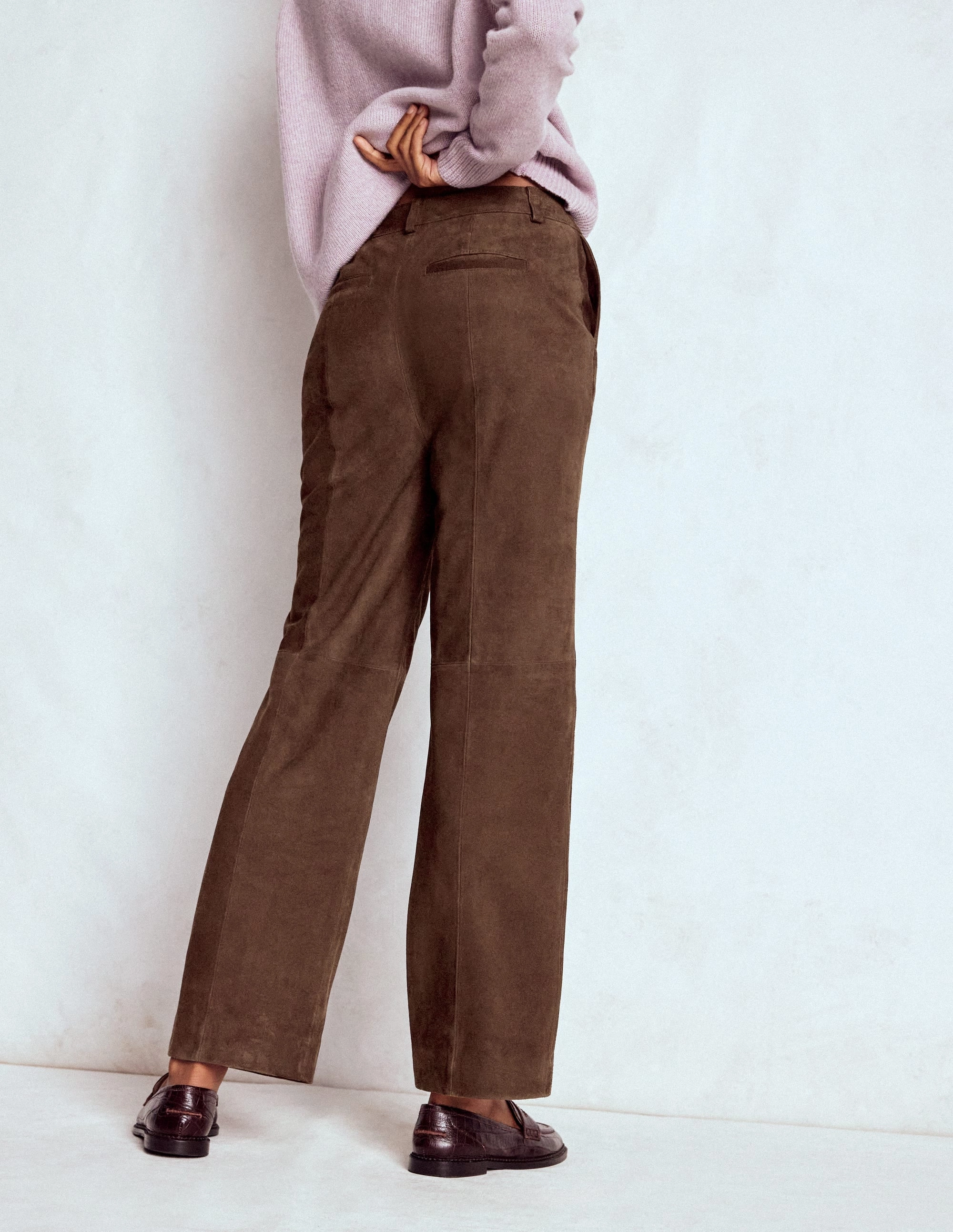 Suede Straight Leg Trousers-Dark Chocolate Timeless Comfort Wear FourWayStretch