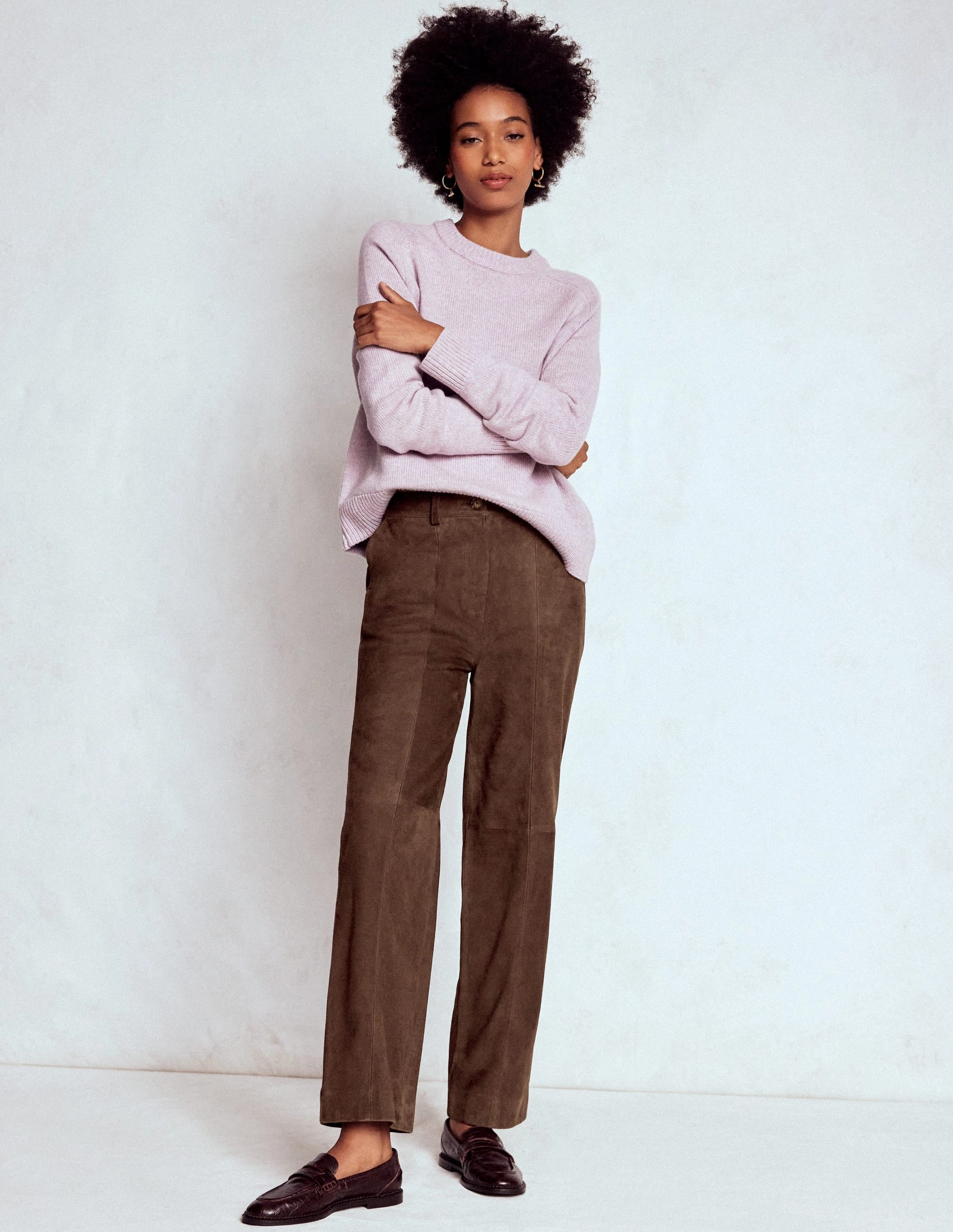 QuickReleaseFastenings LowProfileStitching Suede Straight Leg Trousers-Dark Chocolate