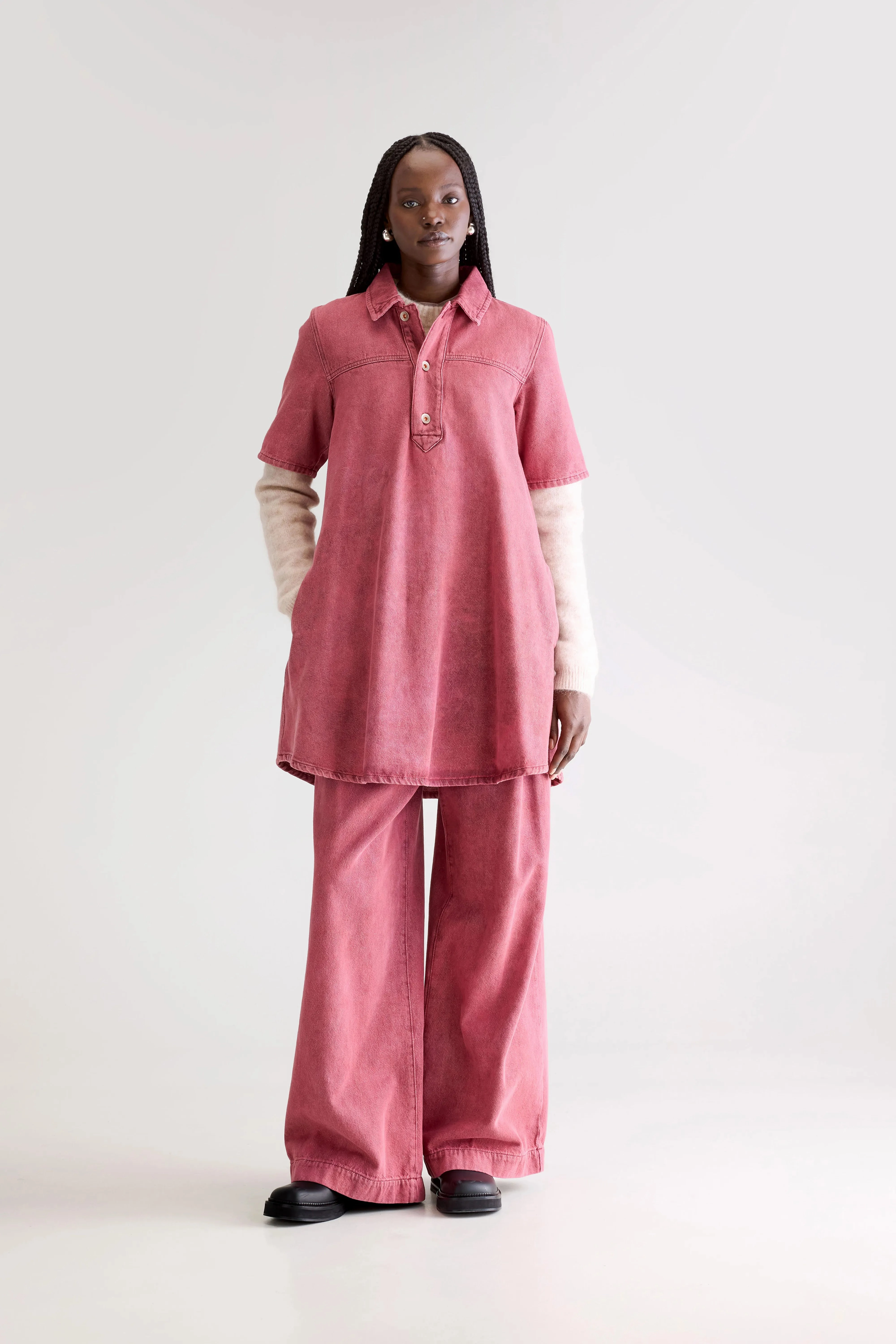 Non-Iron Shine Skin Paprika denim dress (252 / W / WINE STONE)