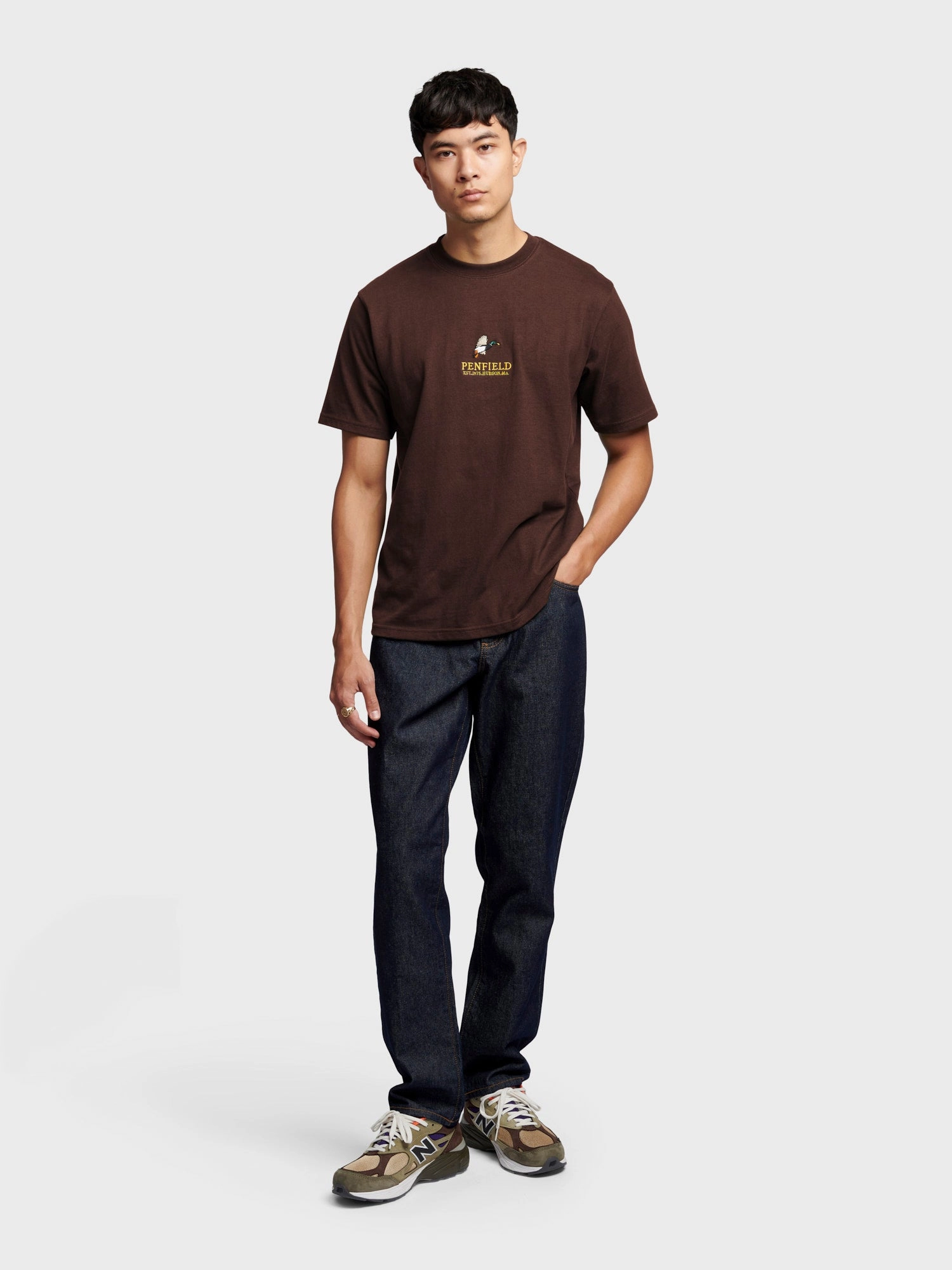 Penfield Mens Embroidered Mallard T-Shirt in Chicory Coffee suitable for all genders EasyCareFinish
