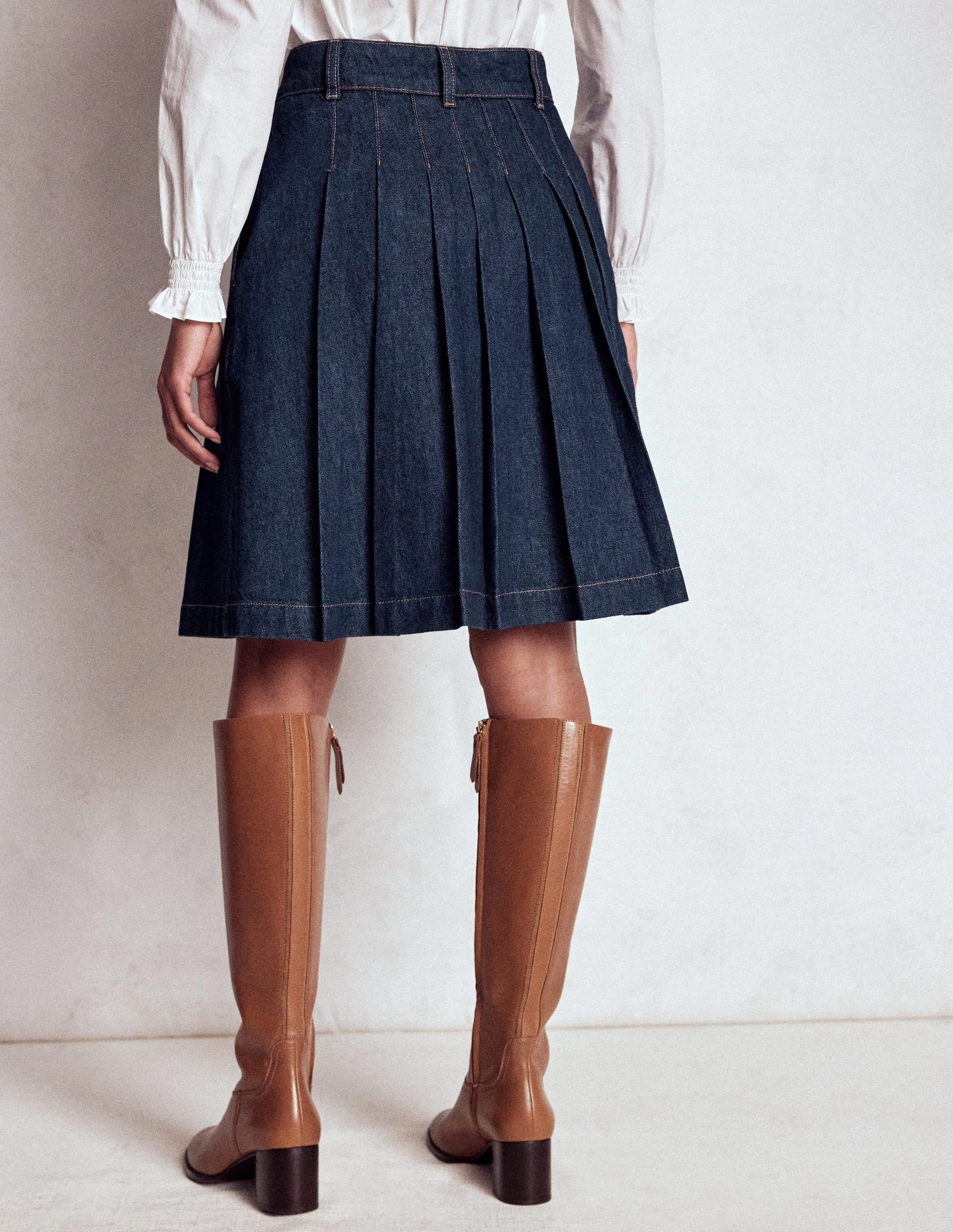 Pleated Denim Skirt-Indigo Timeless Piece Non Irritating Texture