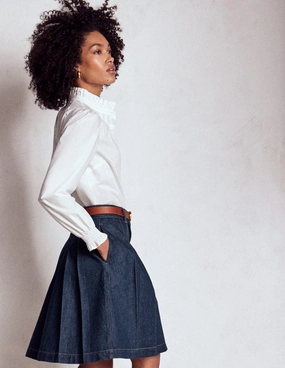 Thermoregulating Fabric Flowy Drape Pleated Denim Skirt-Indigo