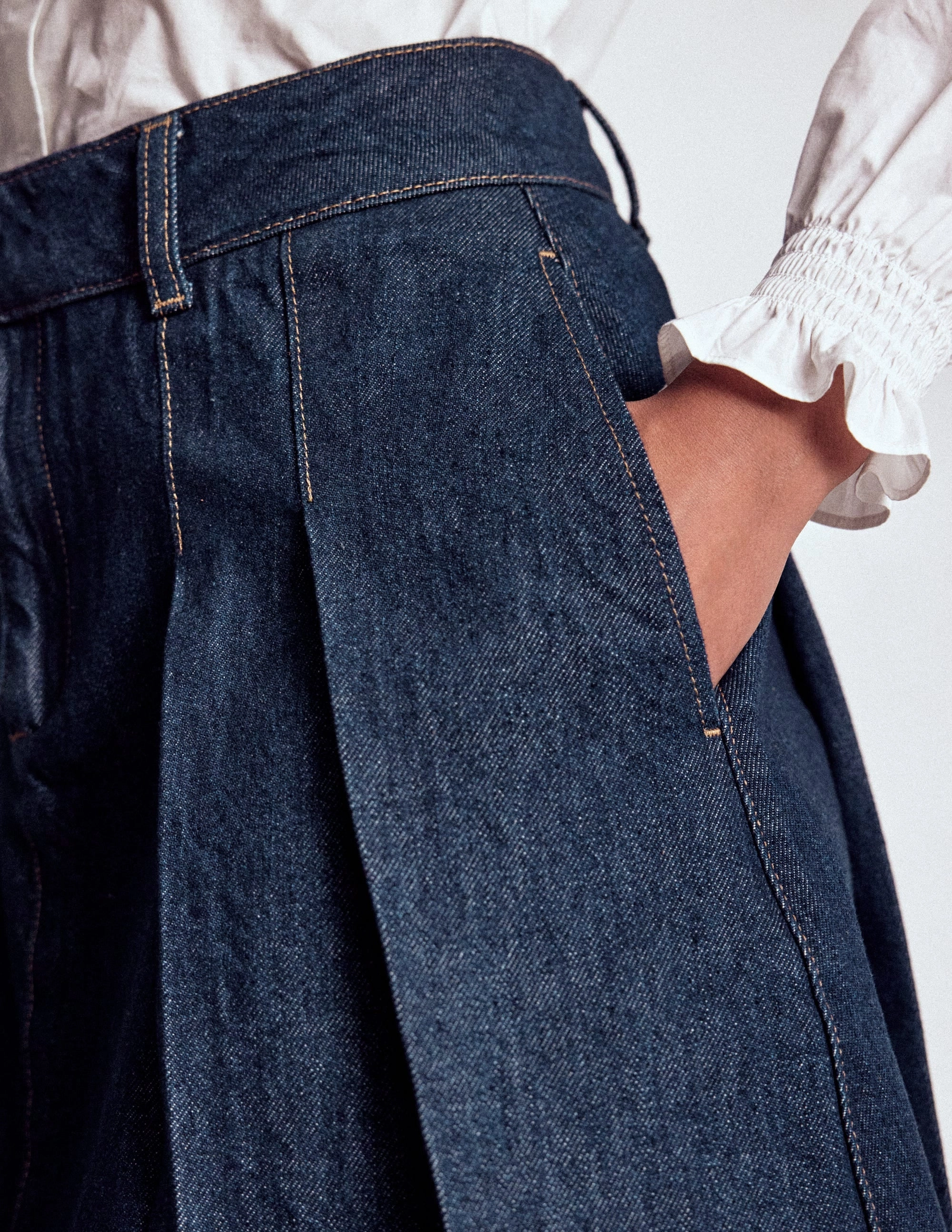 Pleated Denim Skirt-Indigo beaded embellishment