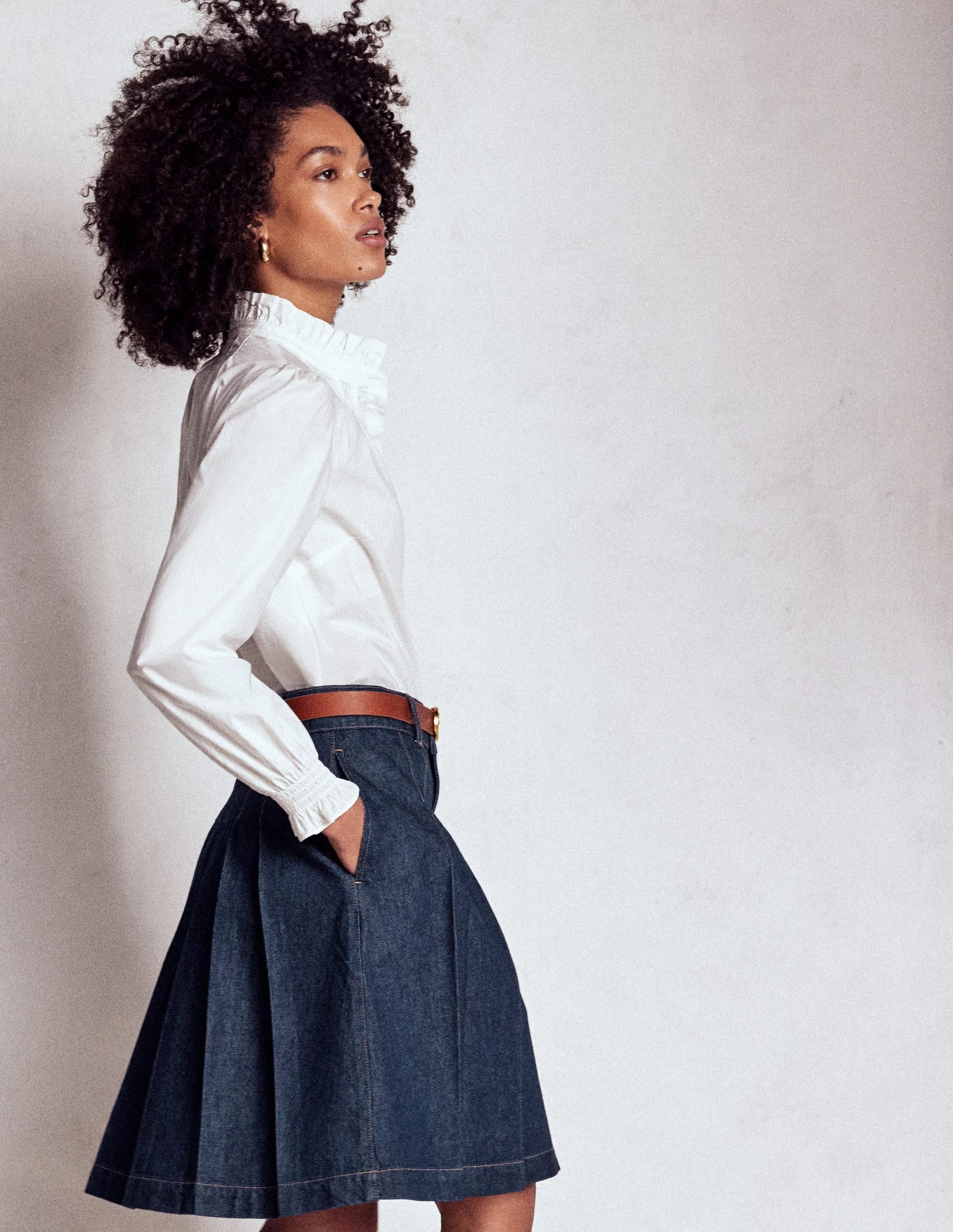 Thermoregulating Fabric Flowy Drape Pleated Denim Skirt-Indigo