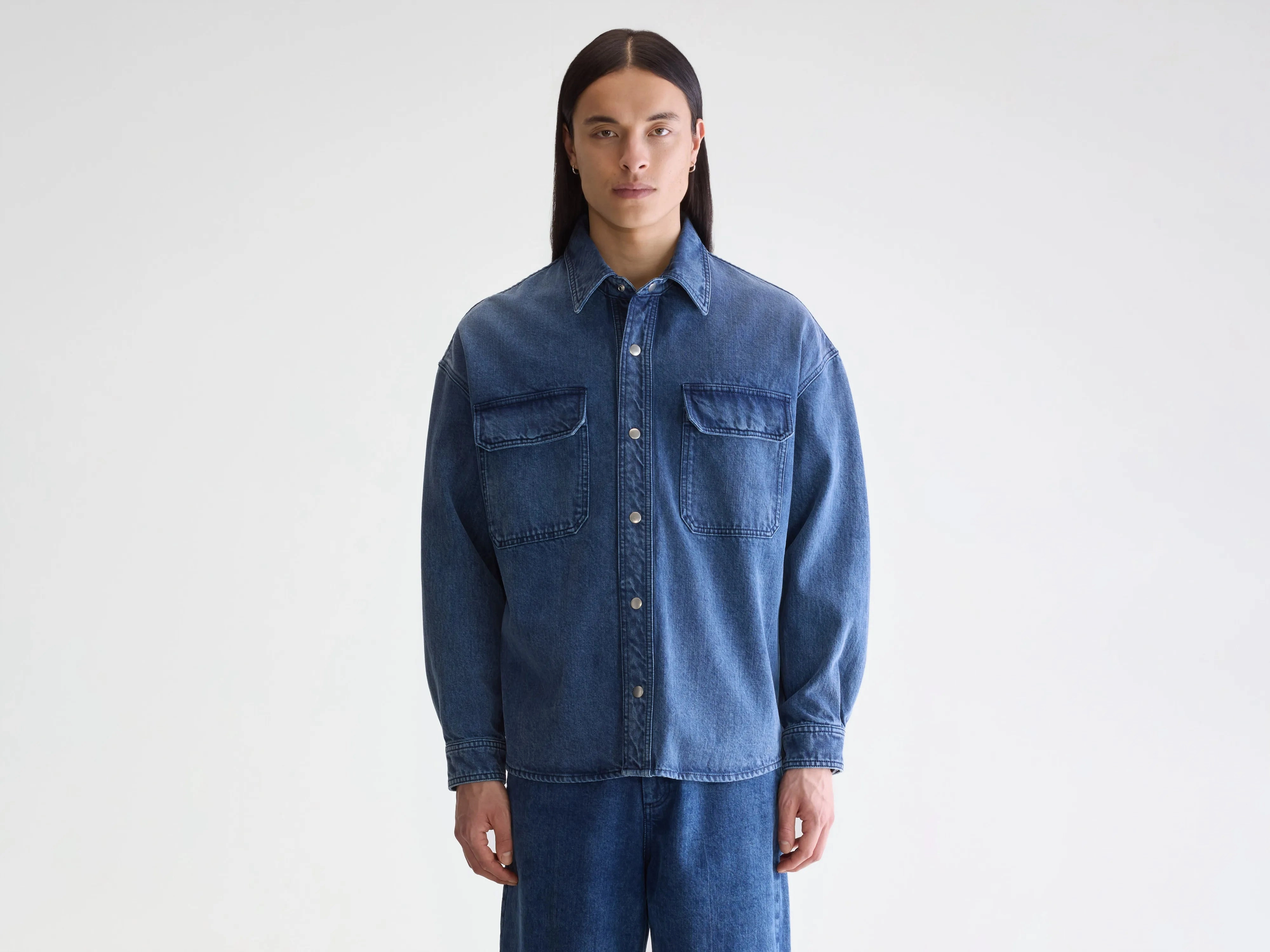 Elastic Binding Relaxed Daily Style Poach overshirt (252 / M / BLUE SNOW)