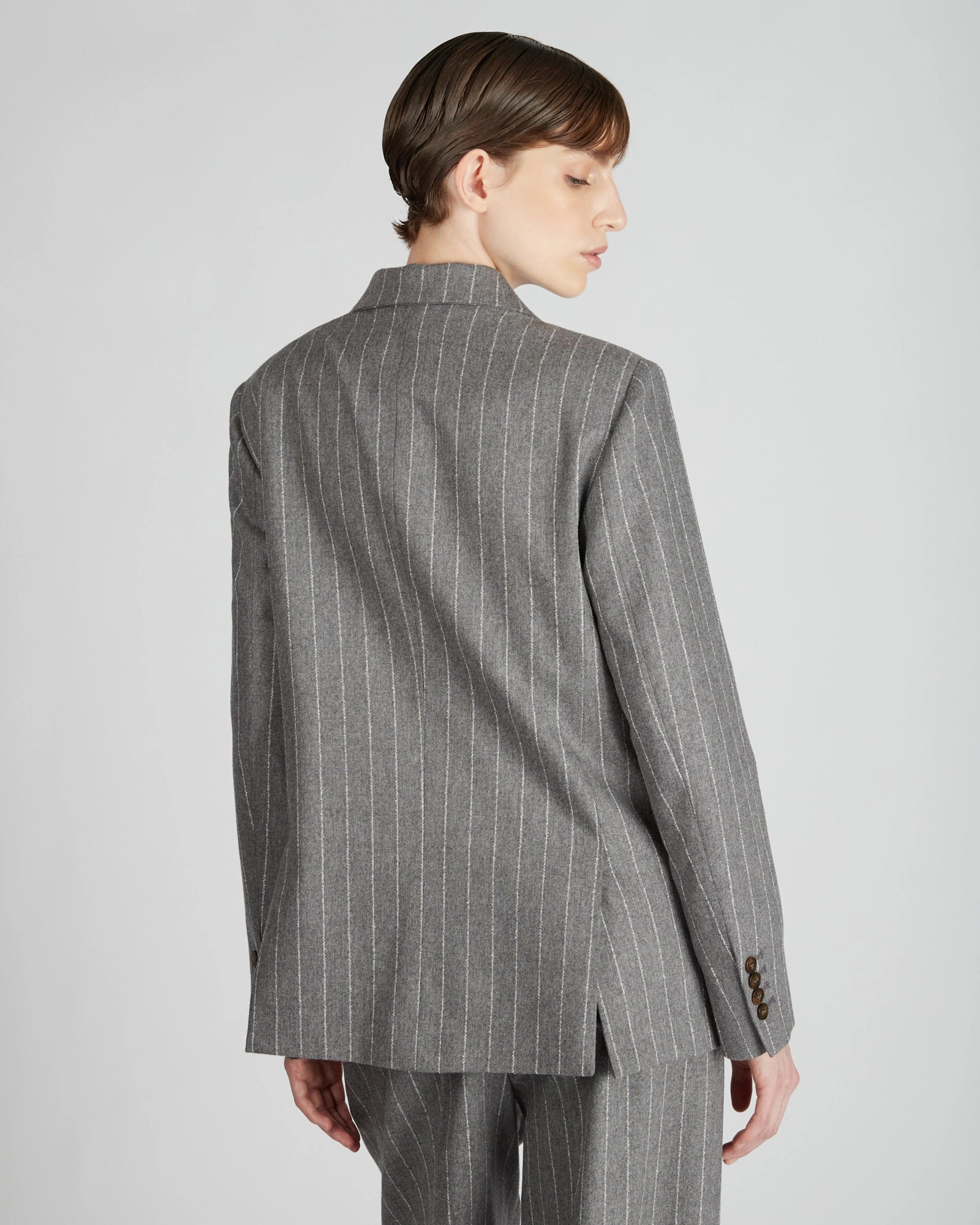 Asymmetric Hemline Regular fit double breasted pinstripe flannel jacket