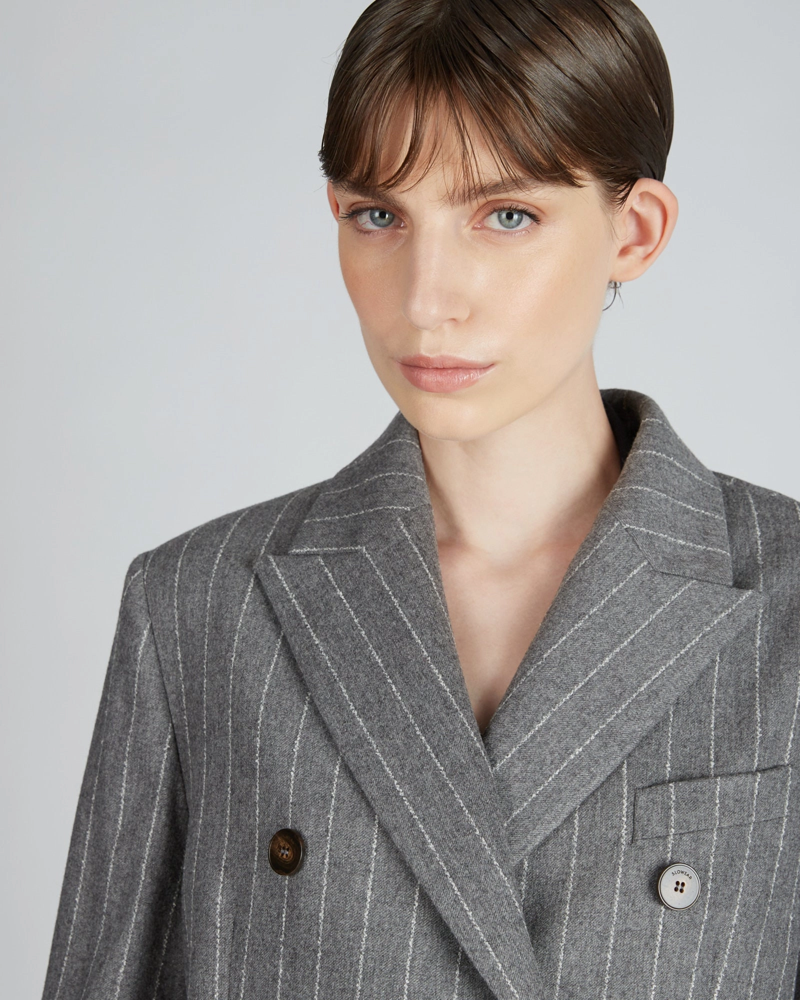 High Collar Windguard Regular fit double breasted pinstripe flannel jacket