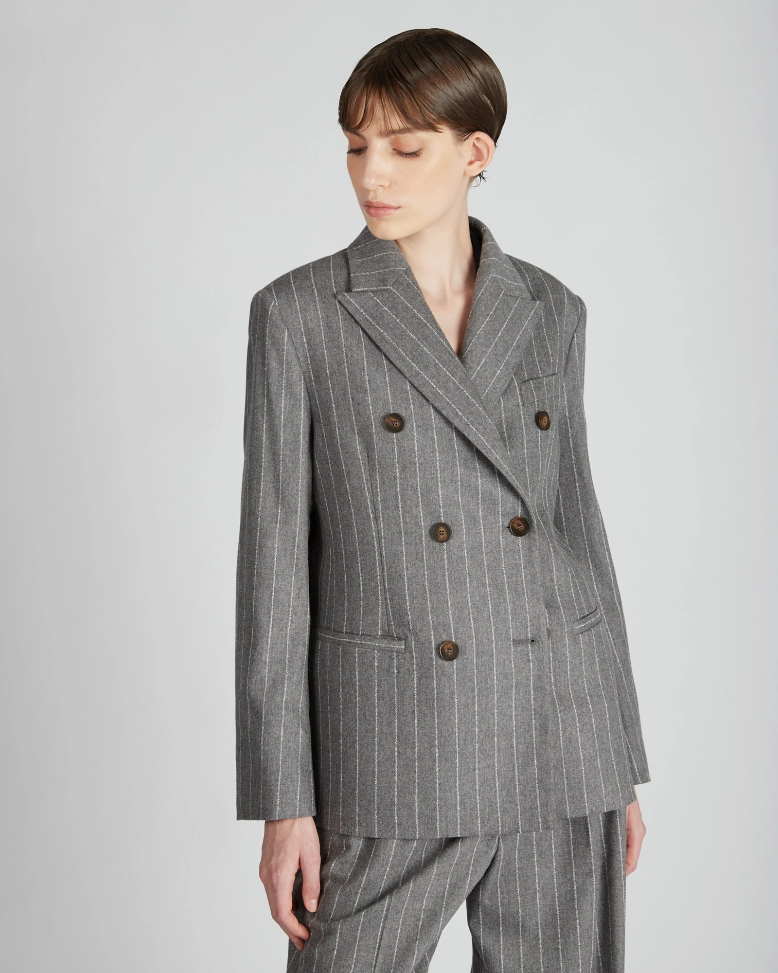 Wrinkle Free Fabric Anti Pilling Fabric Regular fit double breasted pinstripe flannel jacket