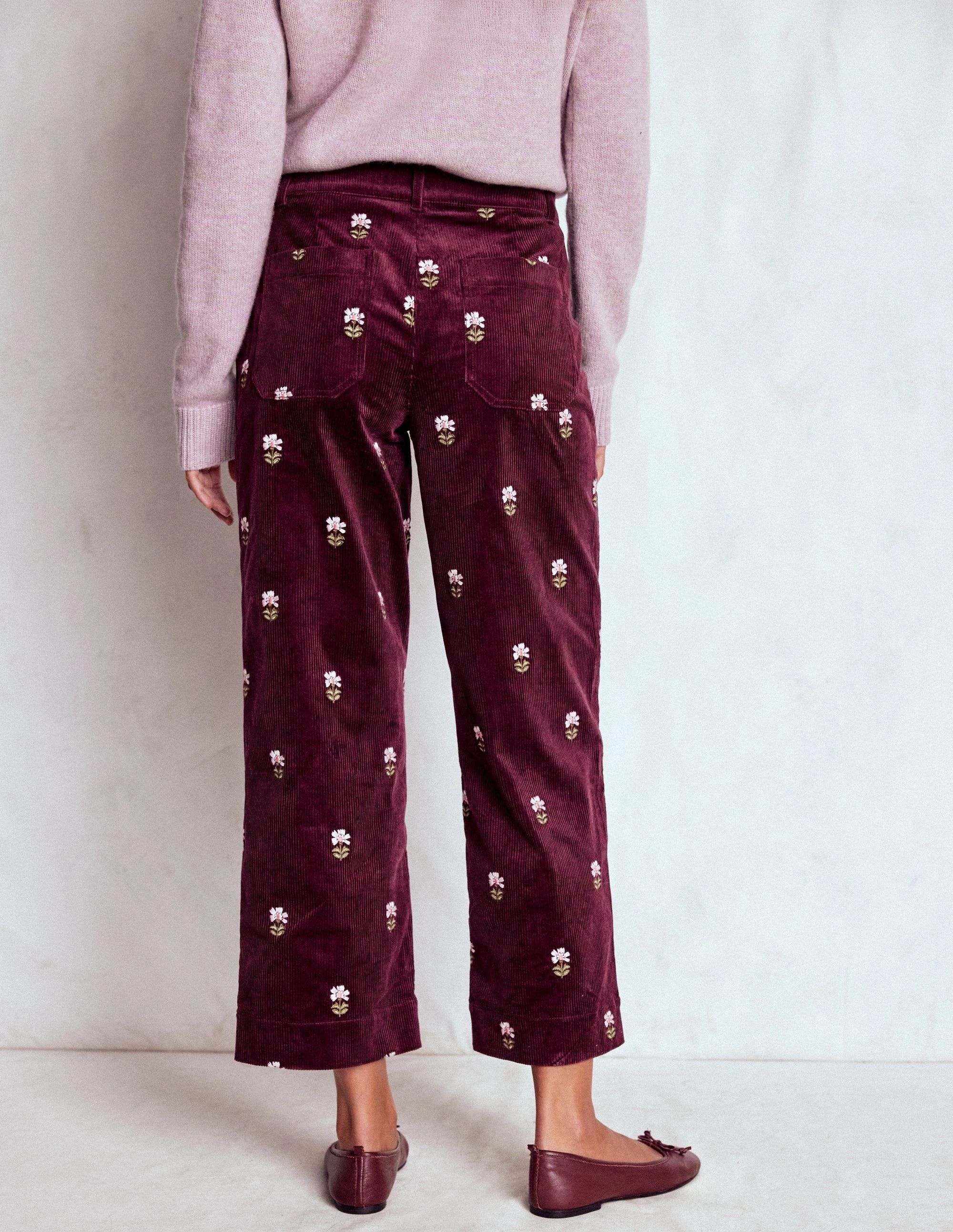 Primrose Cord Trousers-Dark Cherry Embroidery Water Resistant Finish