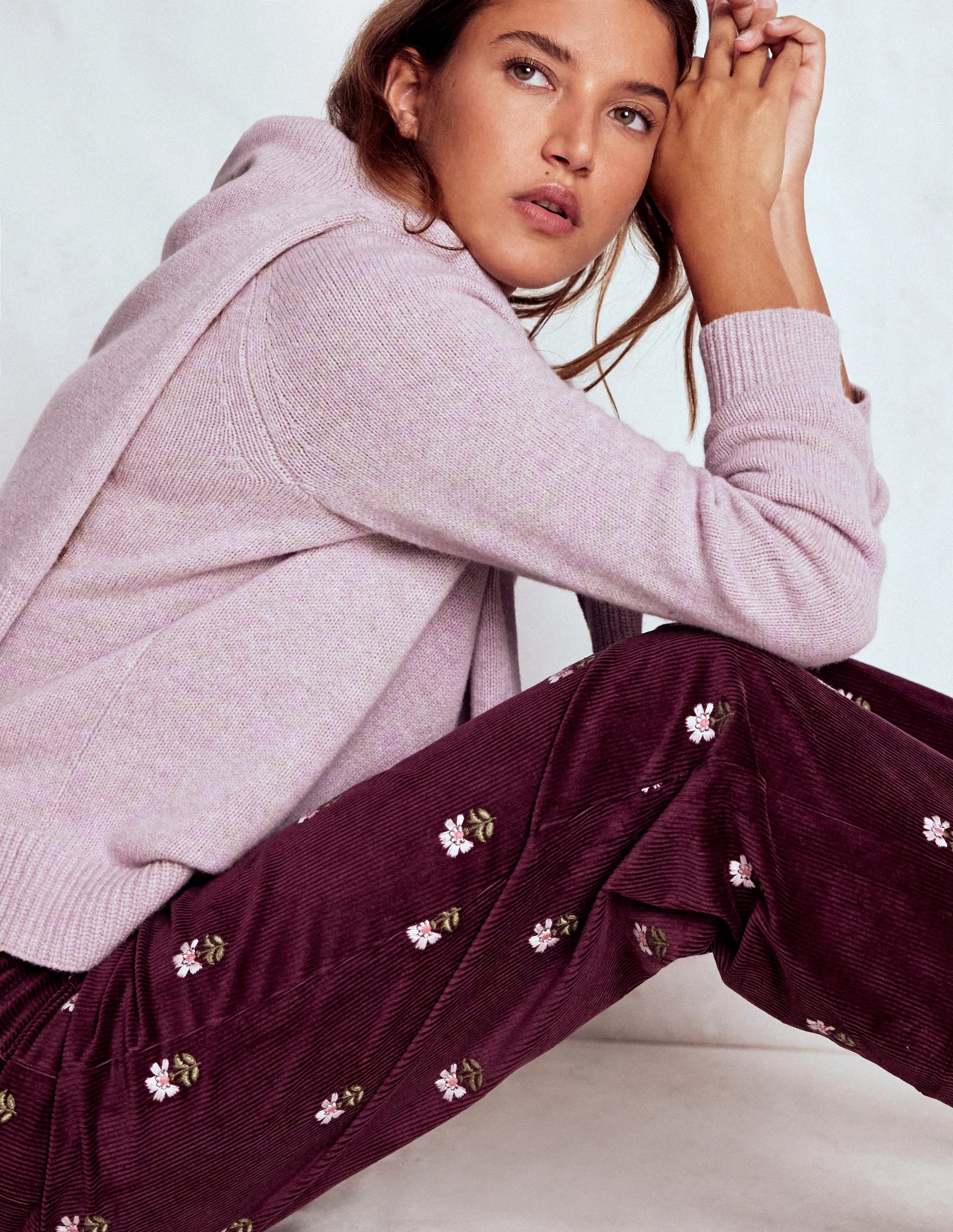 Primrose Cord Trousers-Dark Cherry Embroidery Airy Feel Quick Wash