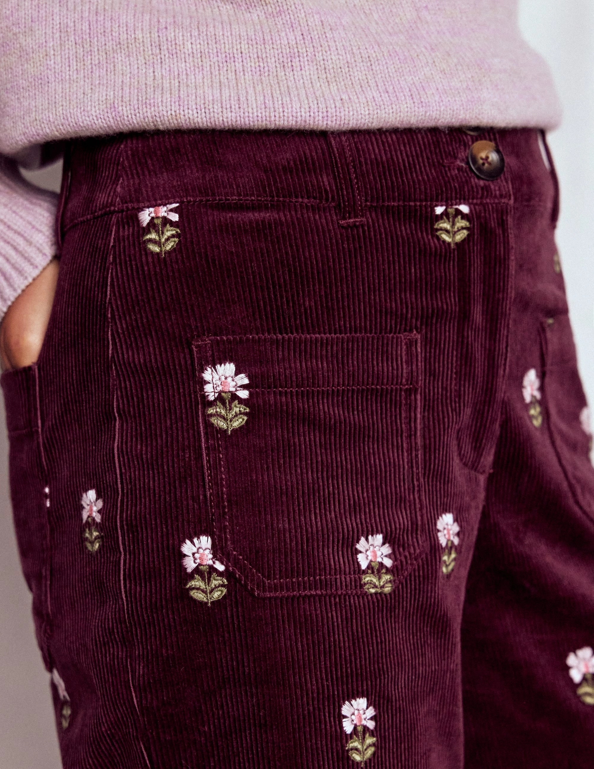 Smooth Texture Neutral Style Primrose Cord Trousers-Dark Cherry Embroidery