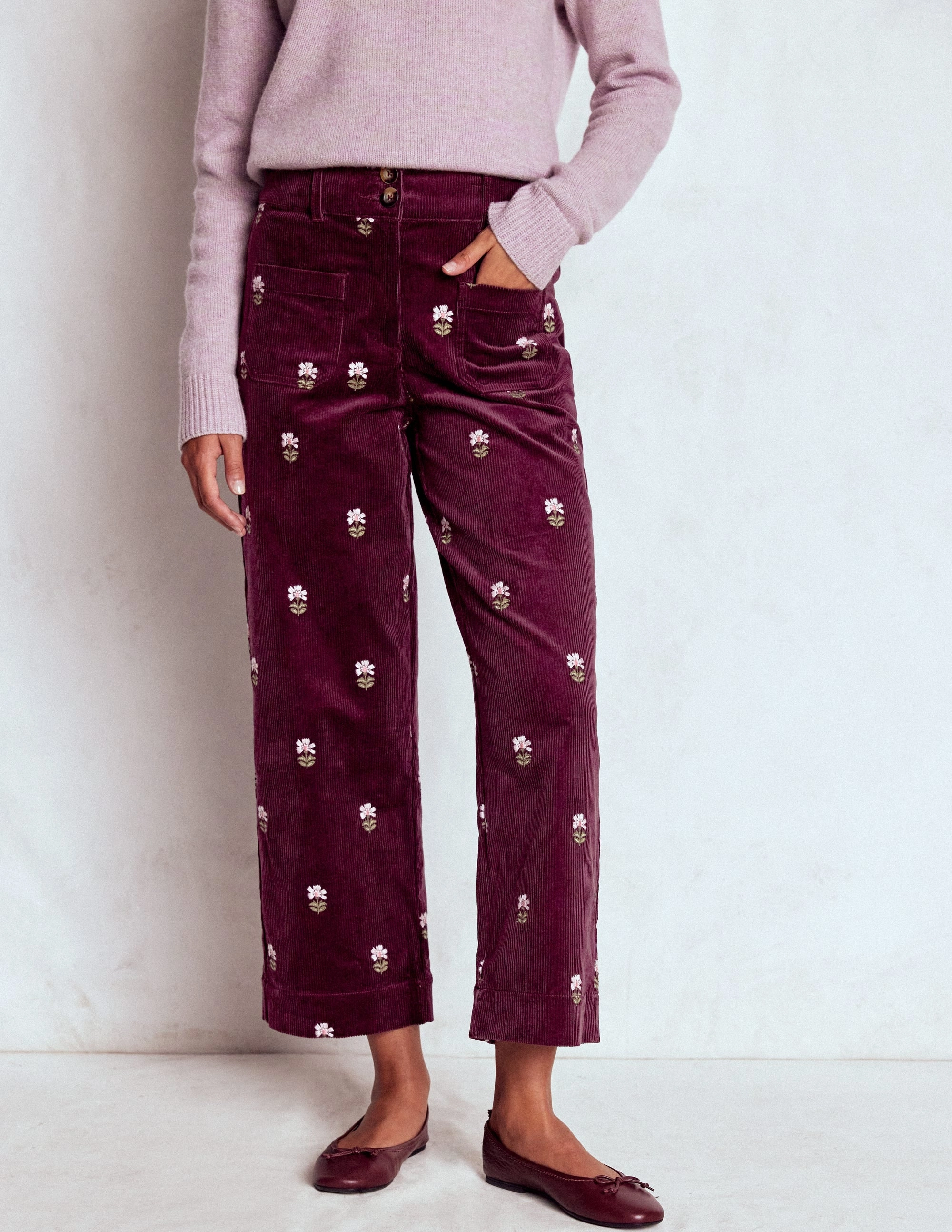 Primrose Cord Trousers-Dark Cherry Embroidery RipstopFabric