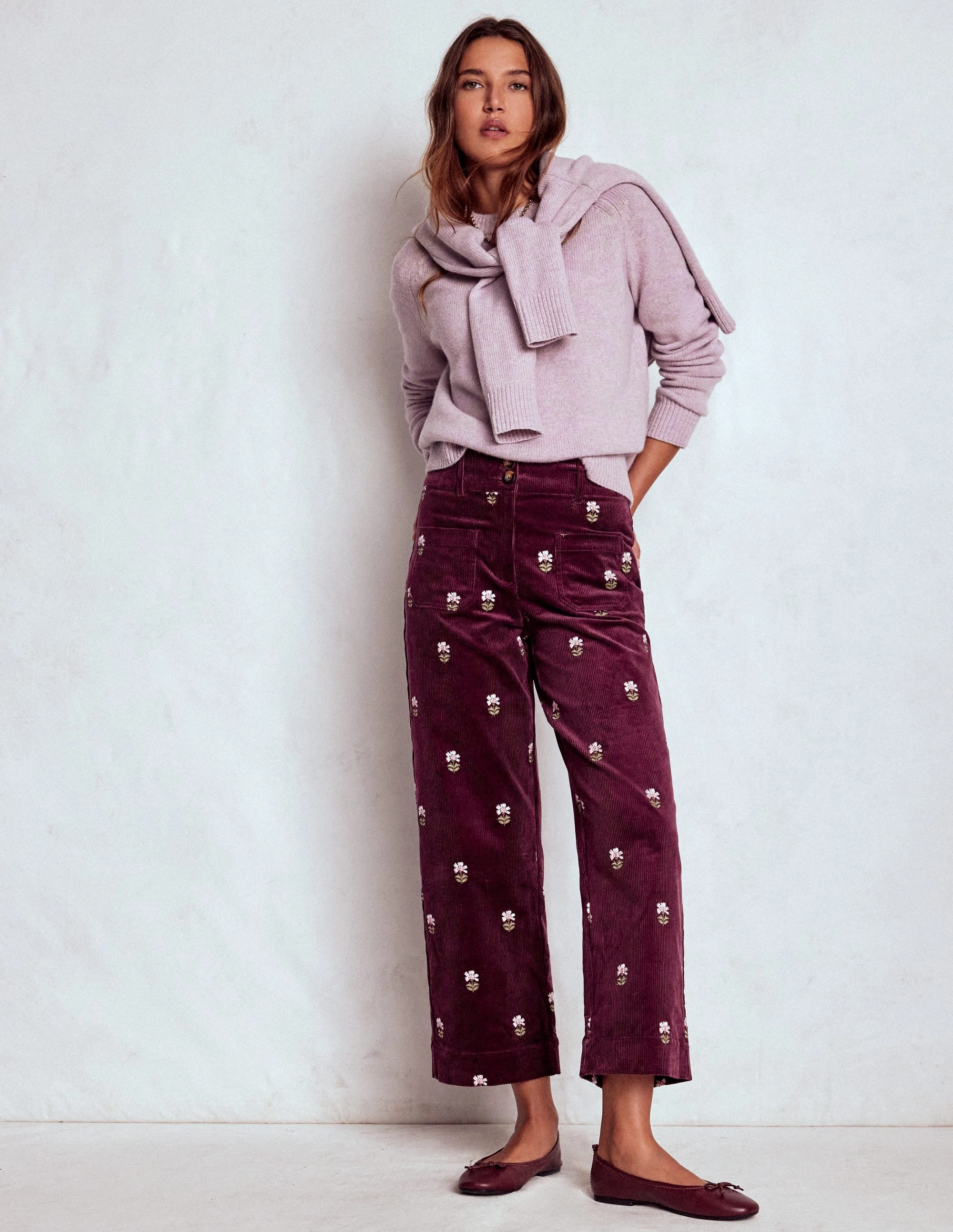 Primrose Cord Trousers-Dark Cherry Embroidery Flex Wear Design breathable panels
