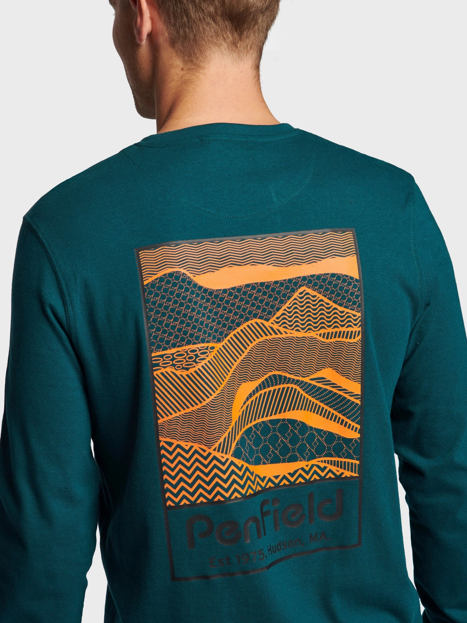 Halloween Sketch Mountain Back Graphic Long Sleeve T-Shirt in Deep Teal