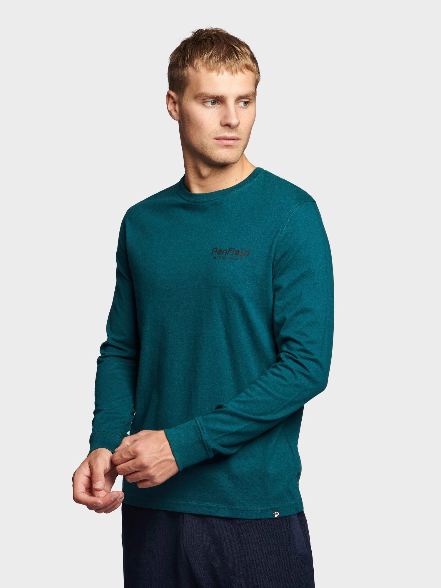 Breathable Active Wear Sketch Mountain Back Graphic Long Sleeve T-Shirt in Deep Teal