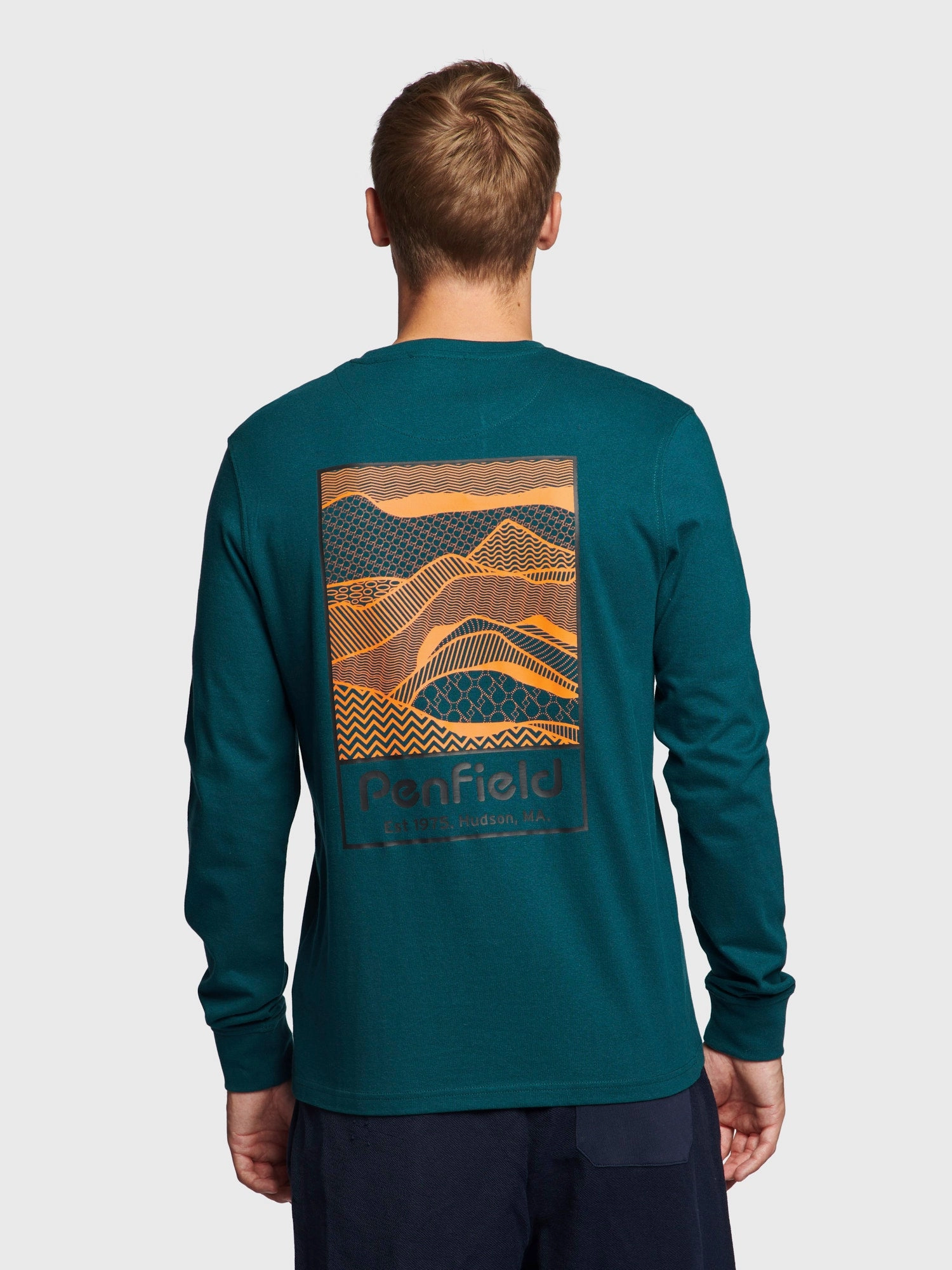 Sketch Mountain Back Graphic Long Sleeve T-Shirt in Deep Teal Work efficiency