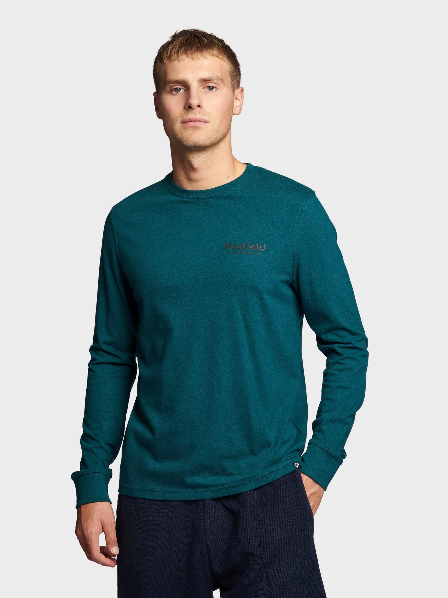 Sketch Mountain Back Graphic Long Sleeve T-Shirt in Deep Teal NonIronTechnology Heather Jersey Material