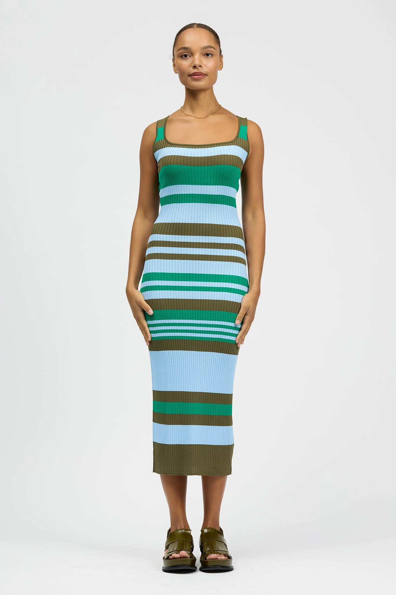 Frenja Dress Khaki/Green/Light Blue Feminine full-length gown ReversibleStyle